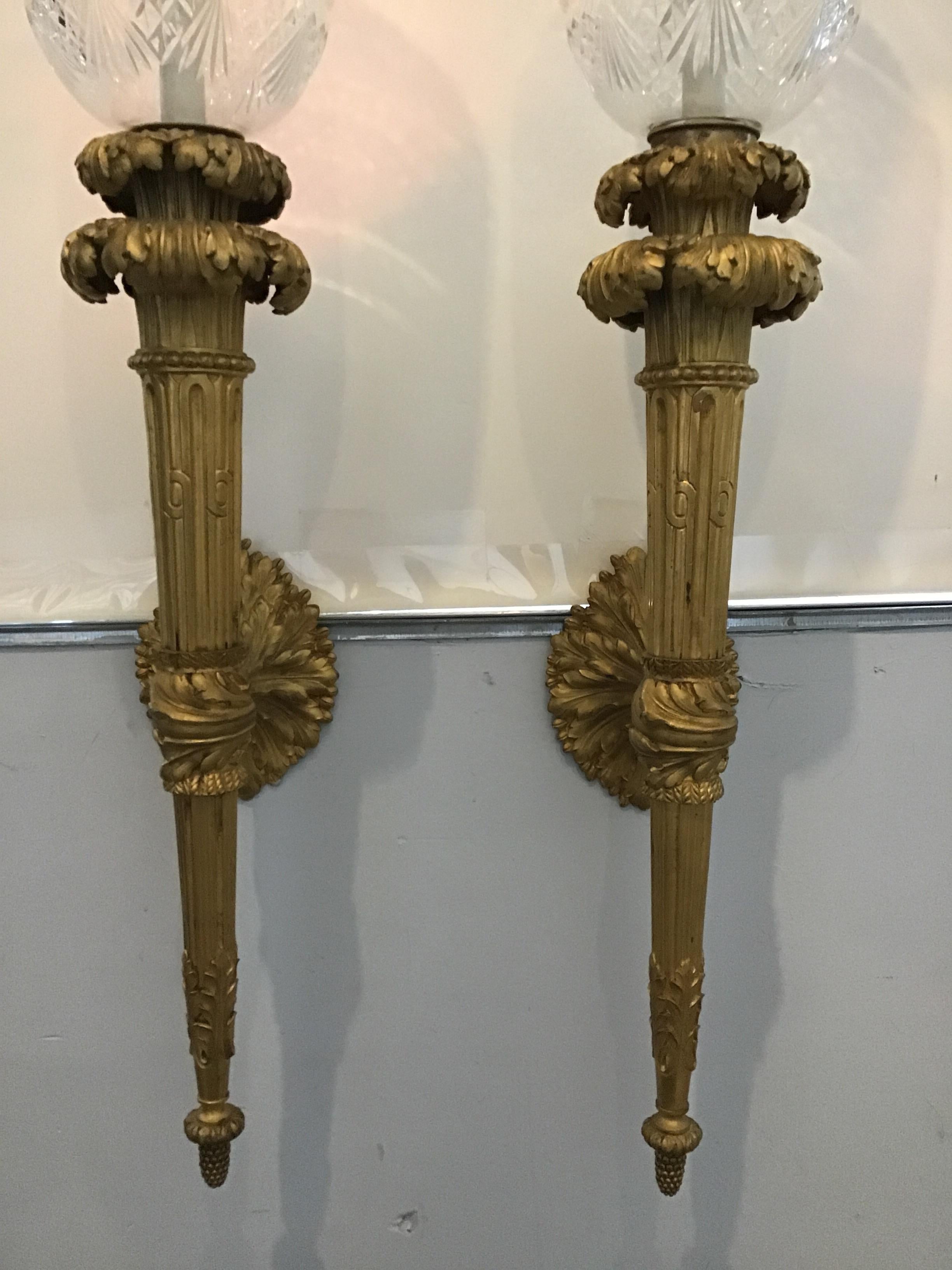 1860s Large French Gilt Bronze Torch Sconces In Good Condition For Sale In Tarrytown, NY