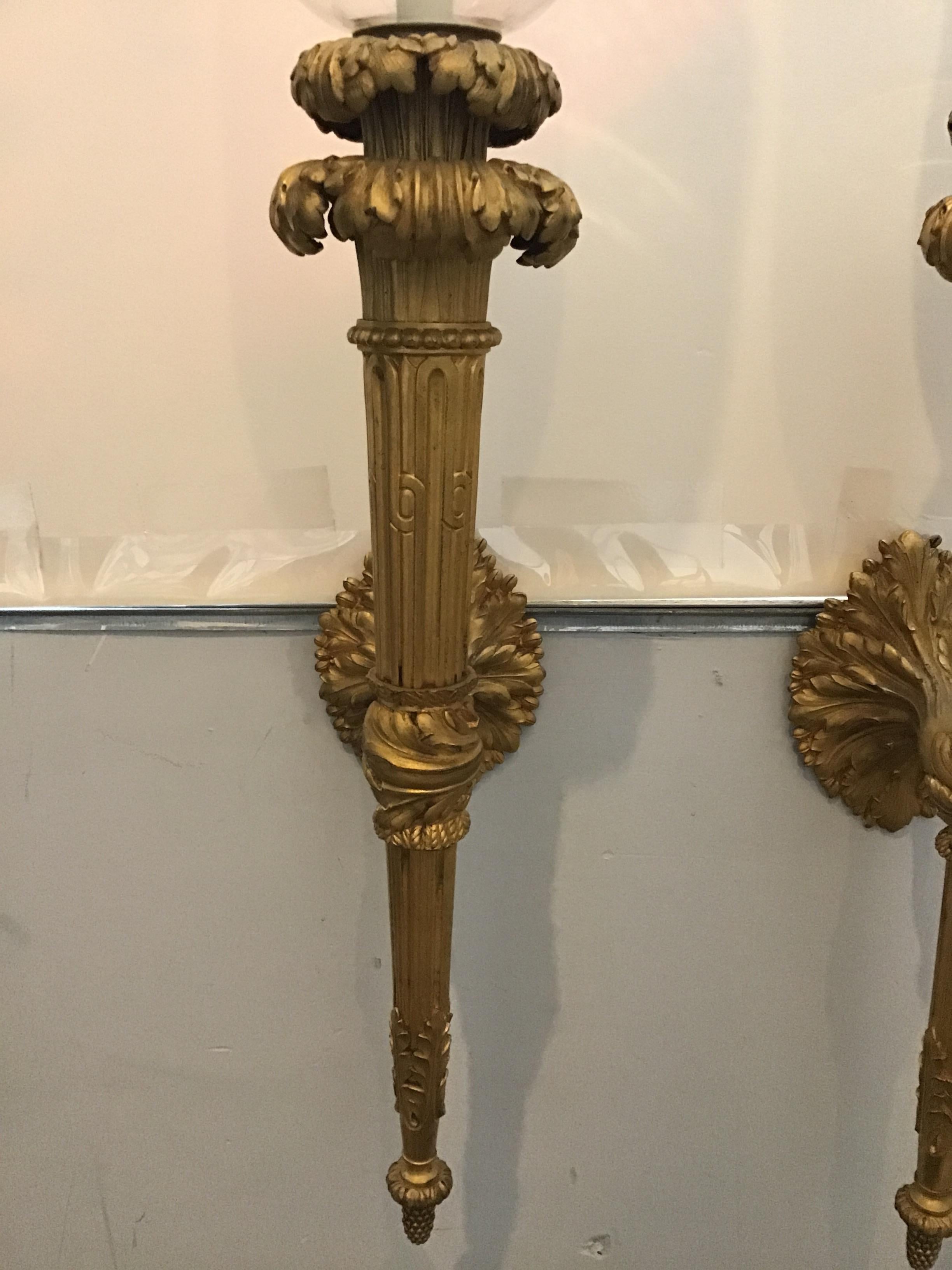 1860s Large French Gilt Bronze Torch Sconces For Sale 3