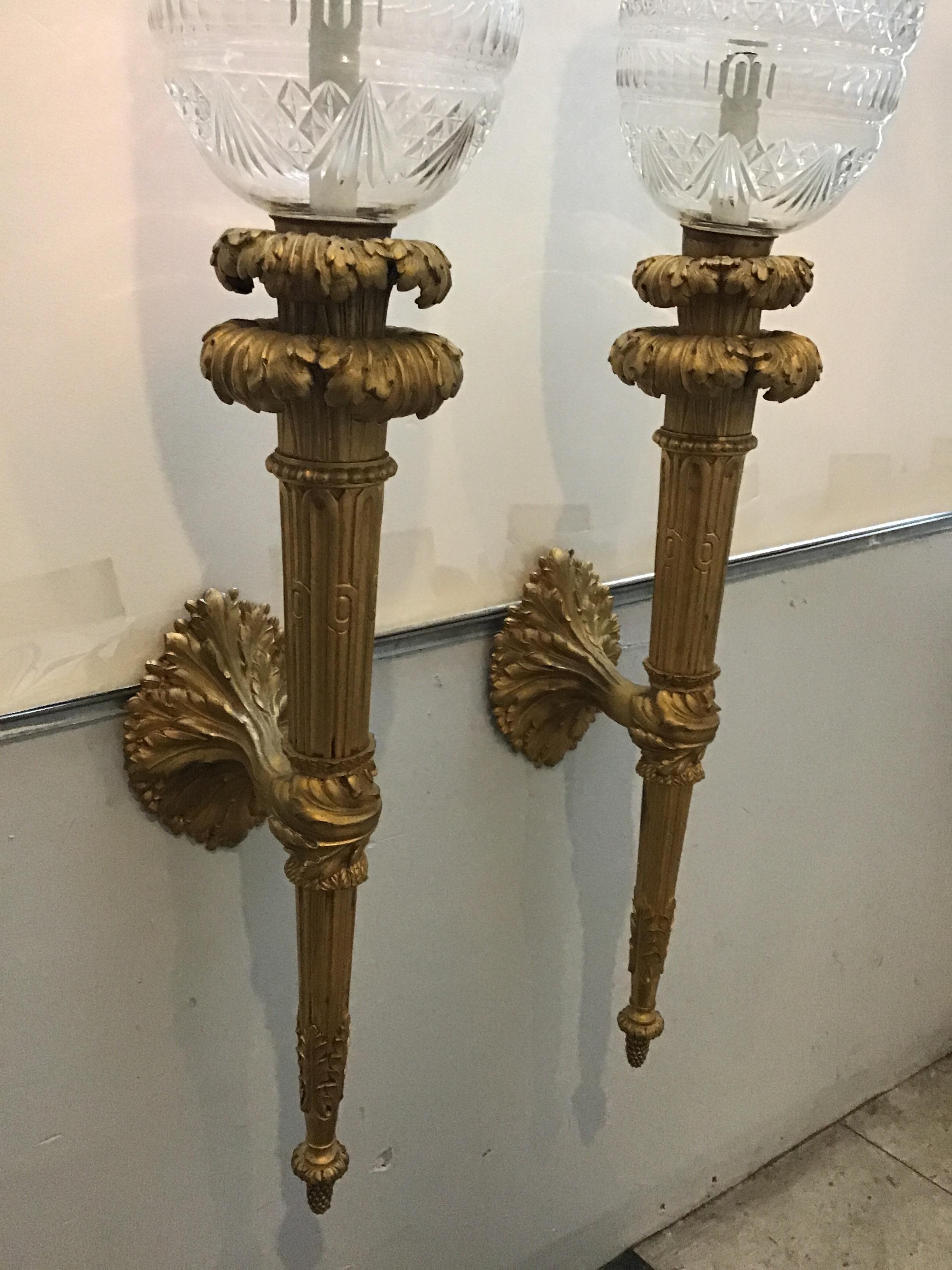 1860s Large French Gilt Bronze Torch Sconces For Sale 4