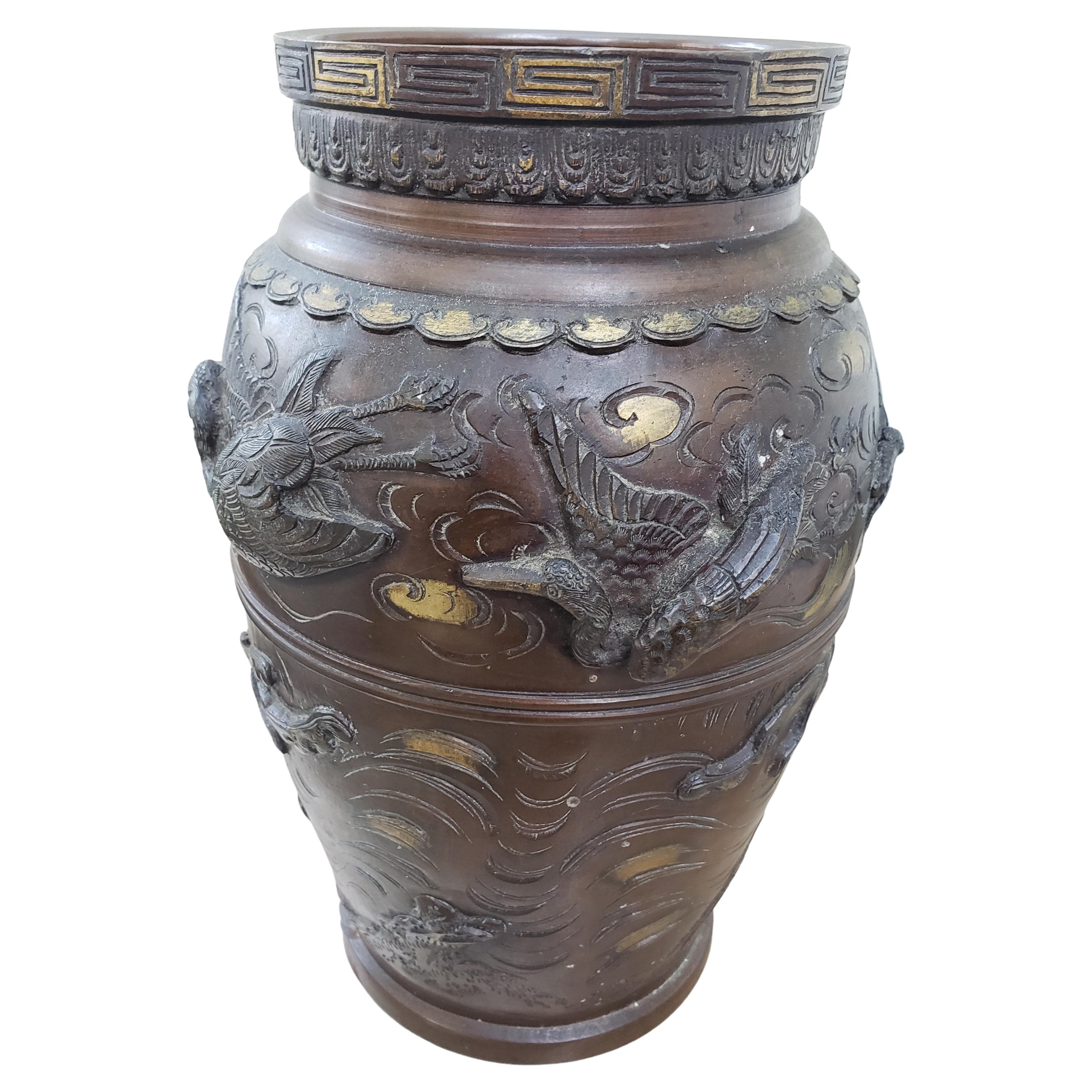 1860s Large Japanese Parcel Gilt High-Relief Dragons and Birds Bronze Vase In Good Condition For Sale In Germantown, MD