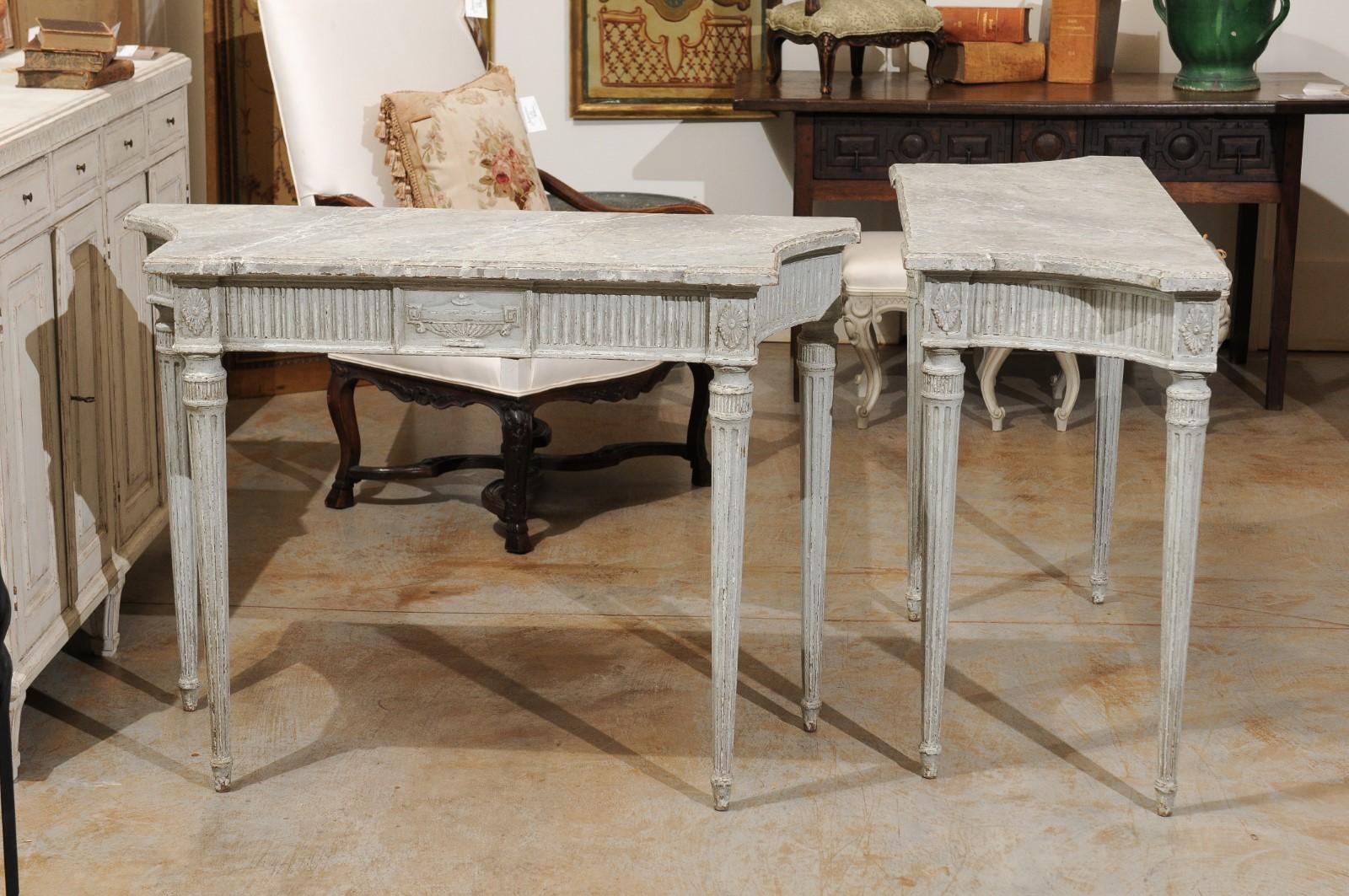 1860s Louis XVI Style Console Tables with Marbleized Tops and Carved Vases 3