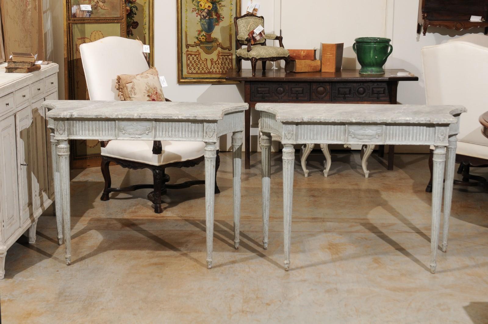 French 1860s Louis XVI Style Console Tables with Marbleized Tops and Carved Vases