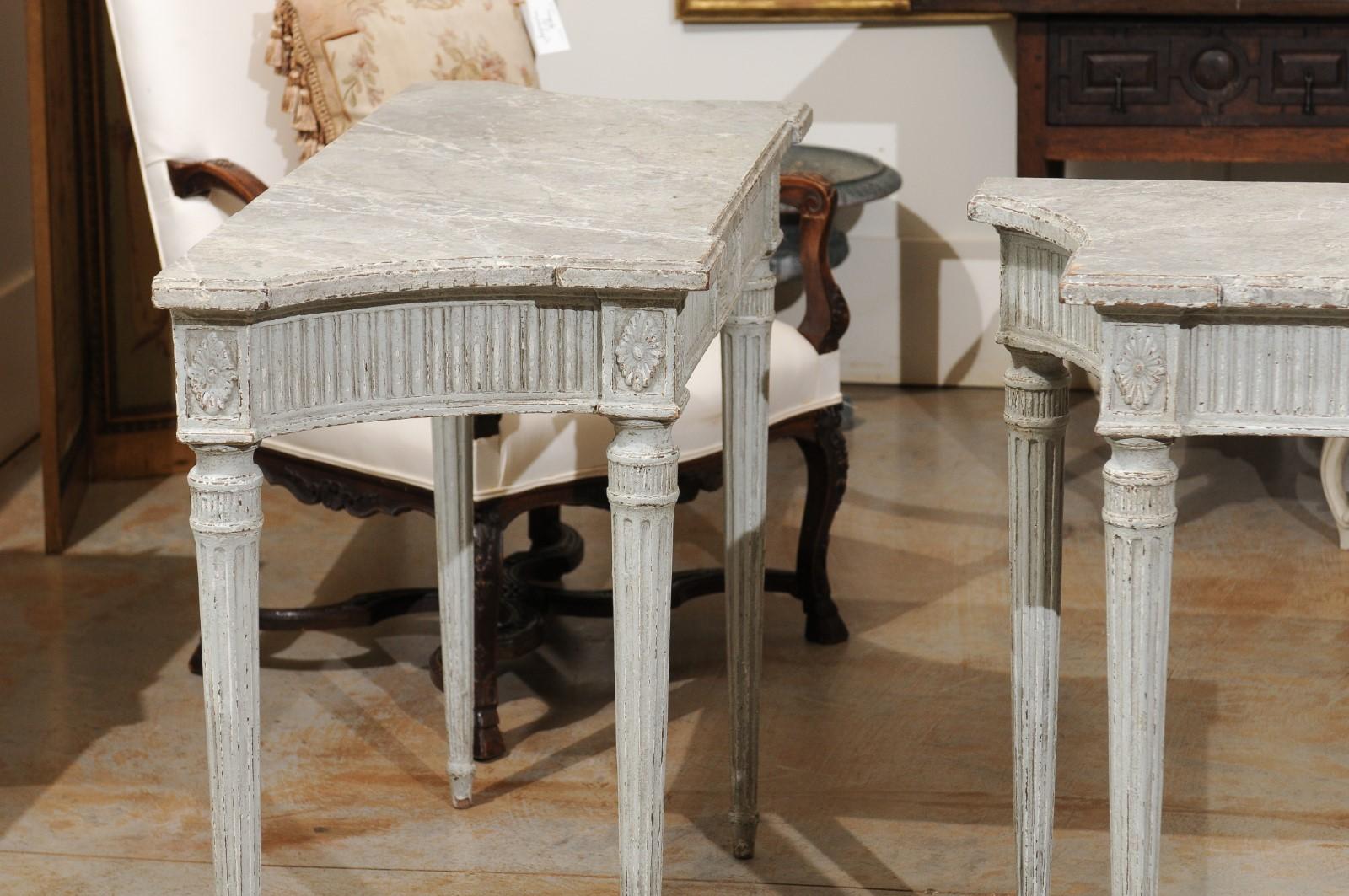19th Century 1860s Louis XVI Style Console Tables with Marbleized Tops and Carved Vases