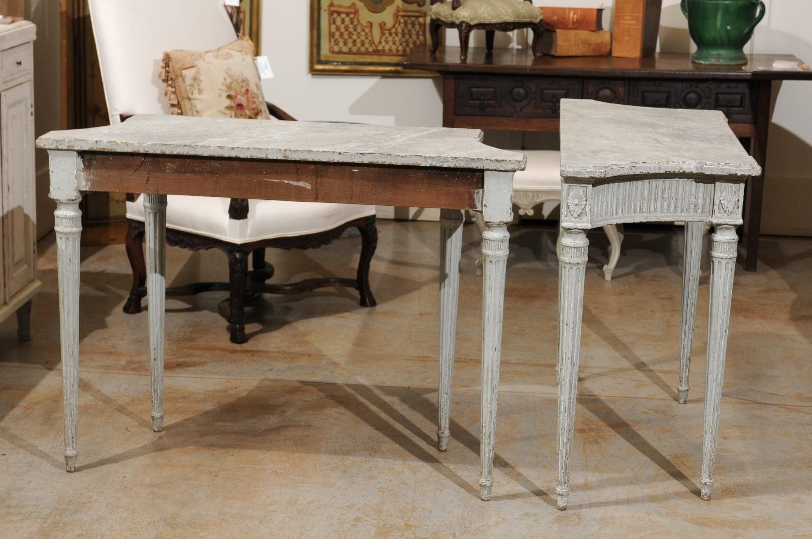 Wood 1860s Louis XVI Style Console Tables with Marbleized Tops and Carved Vases