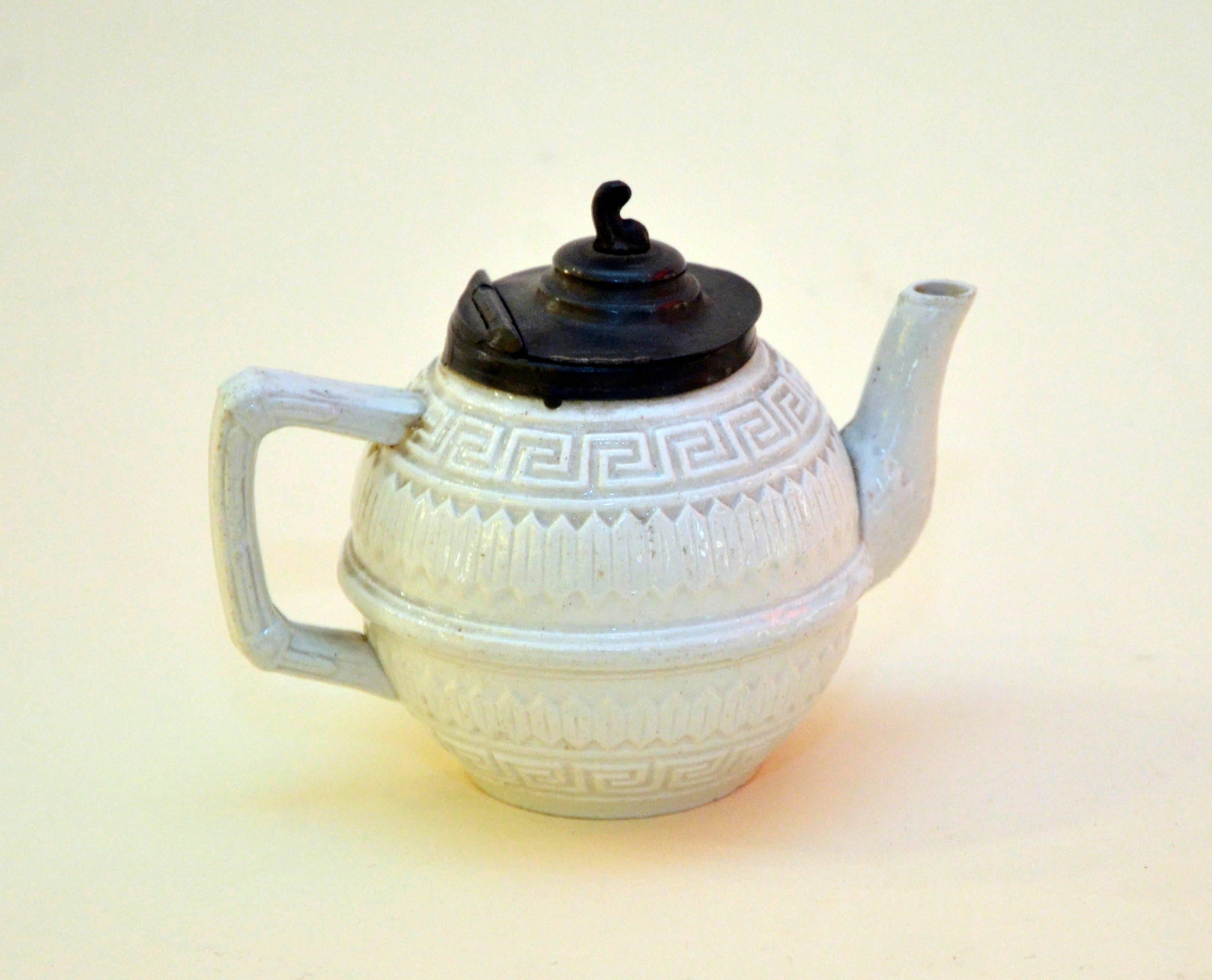 English 1860s Rare Victorian Small Salt Glazed White Ironstone Teapot with Pewter Lid For Sale