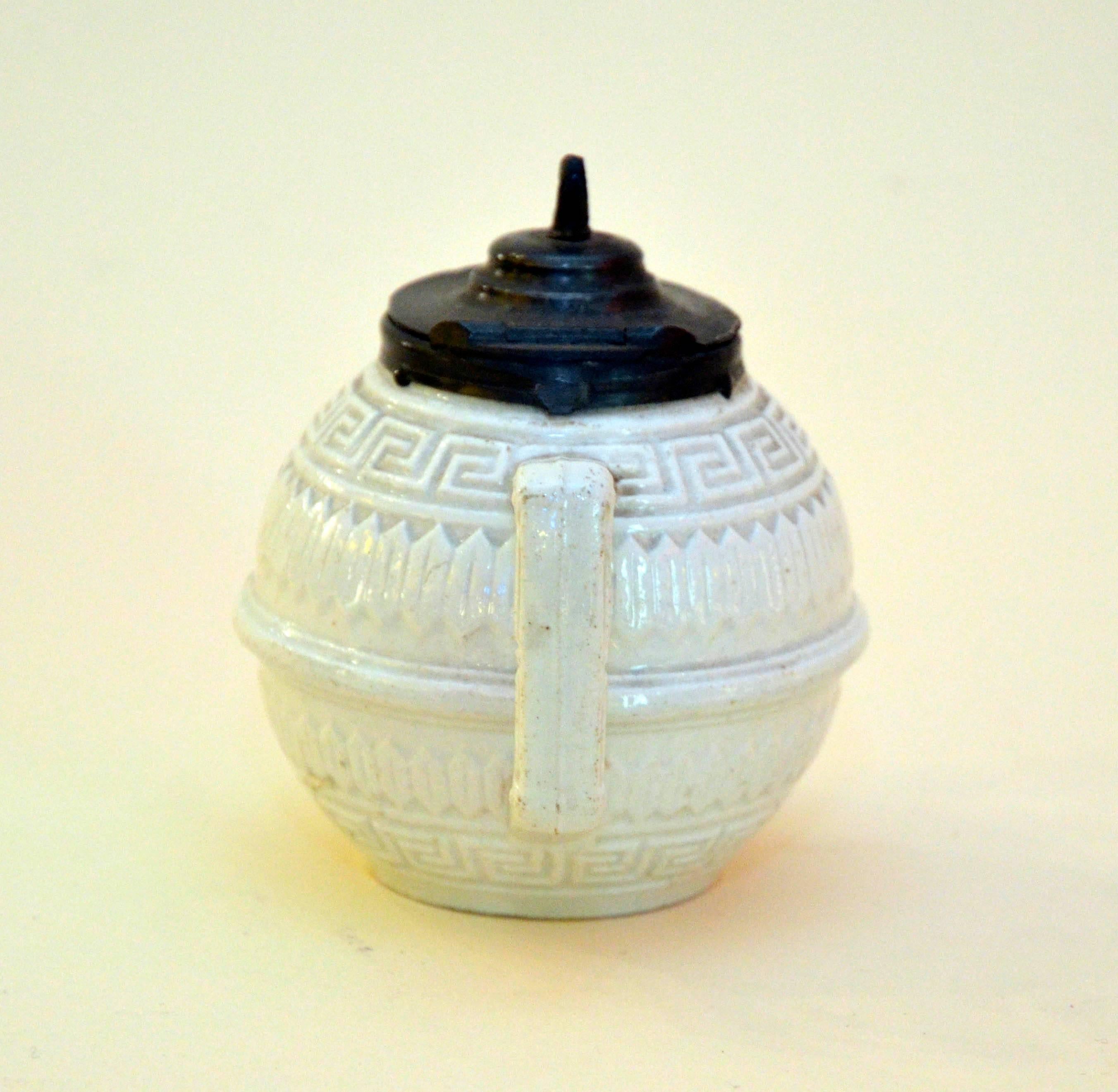 Mid-19th Century 1860s Rare Victorian Small Salt Glazed White Ironstone Teapot with Pewter Lid For Sale
