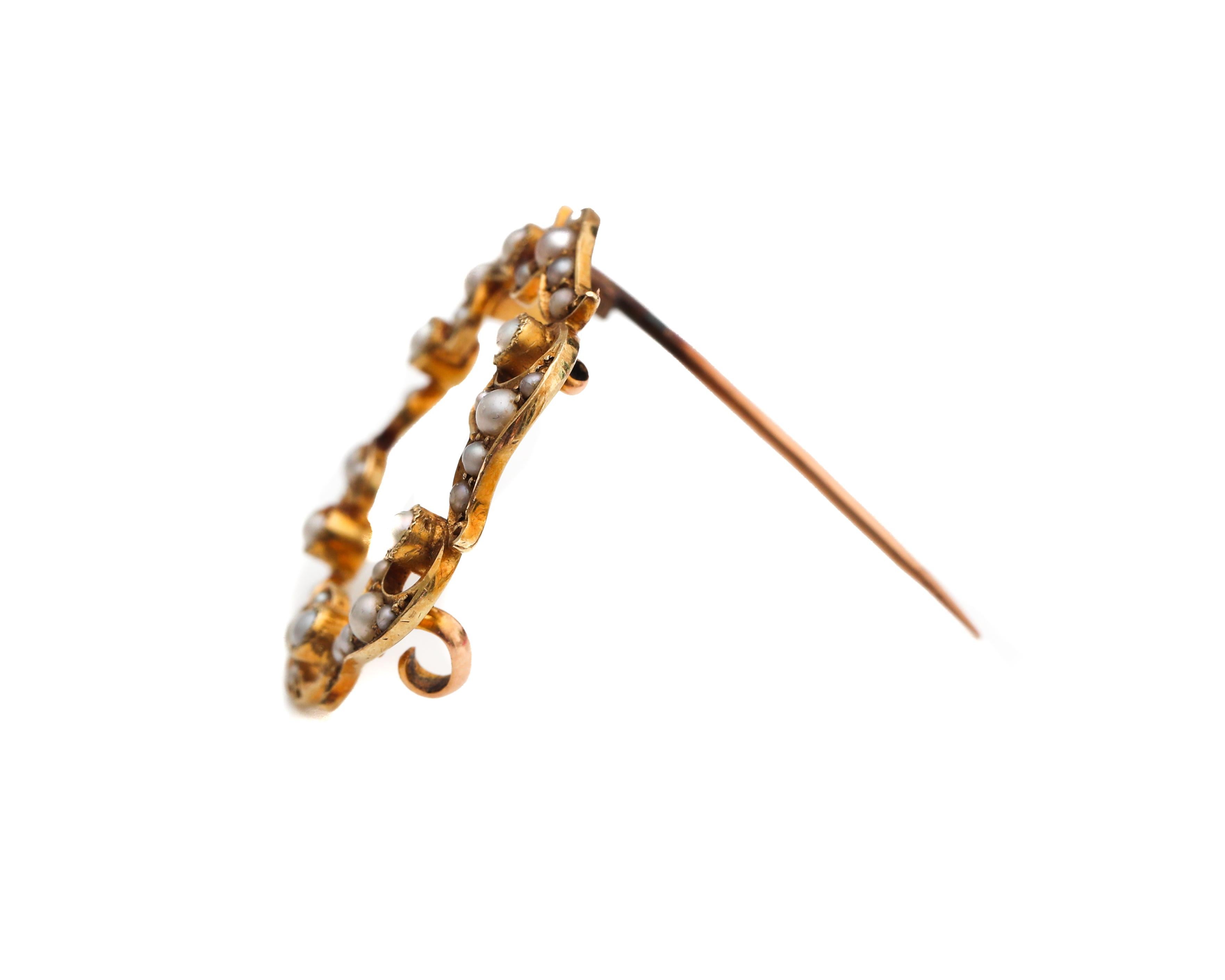 Women's or Men's 1860s Romantic Era Seed Pearl Pin Brooch in 15 Karat Yellow Gold