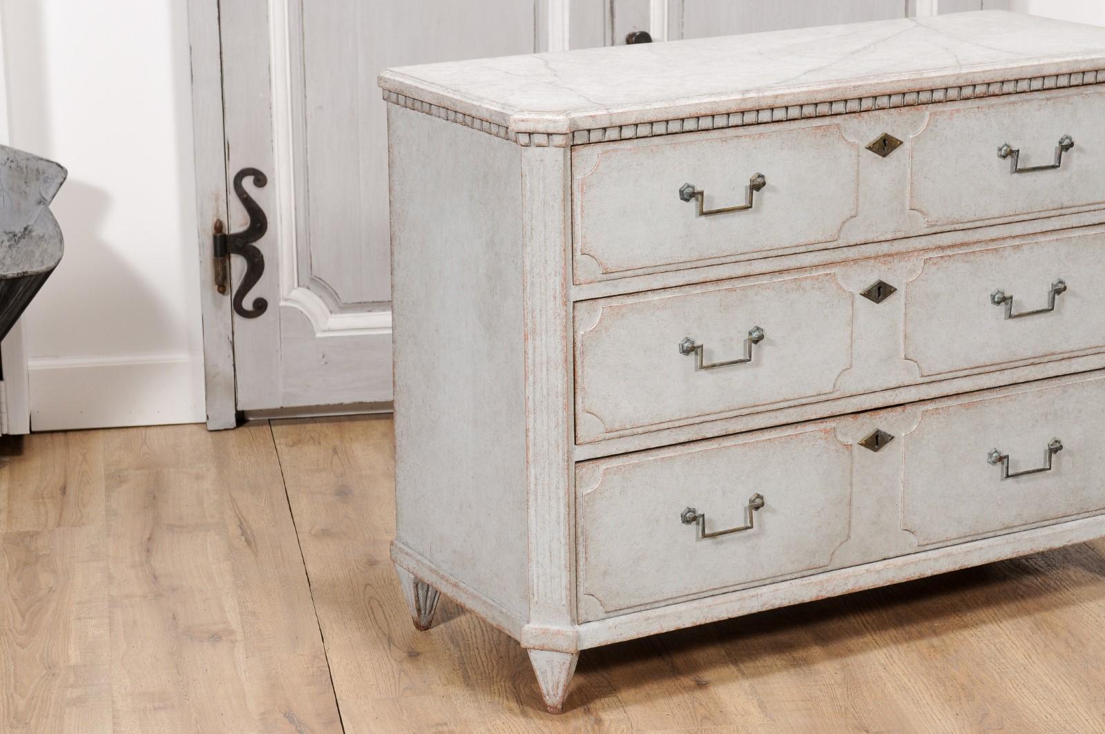 Carved 1860s Swedish Gustavian Style Painted Three-Drawer Chest with Dentil Molding