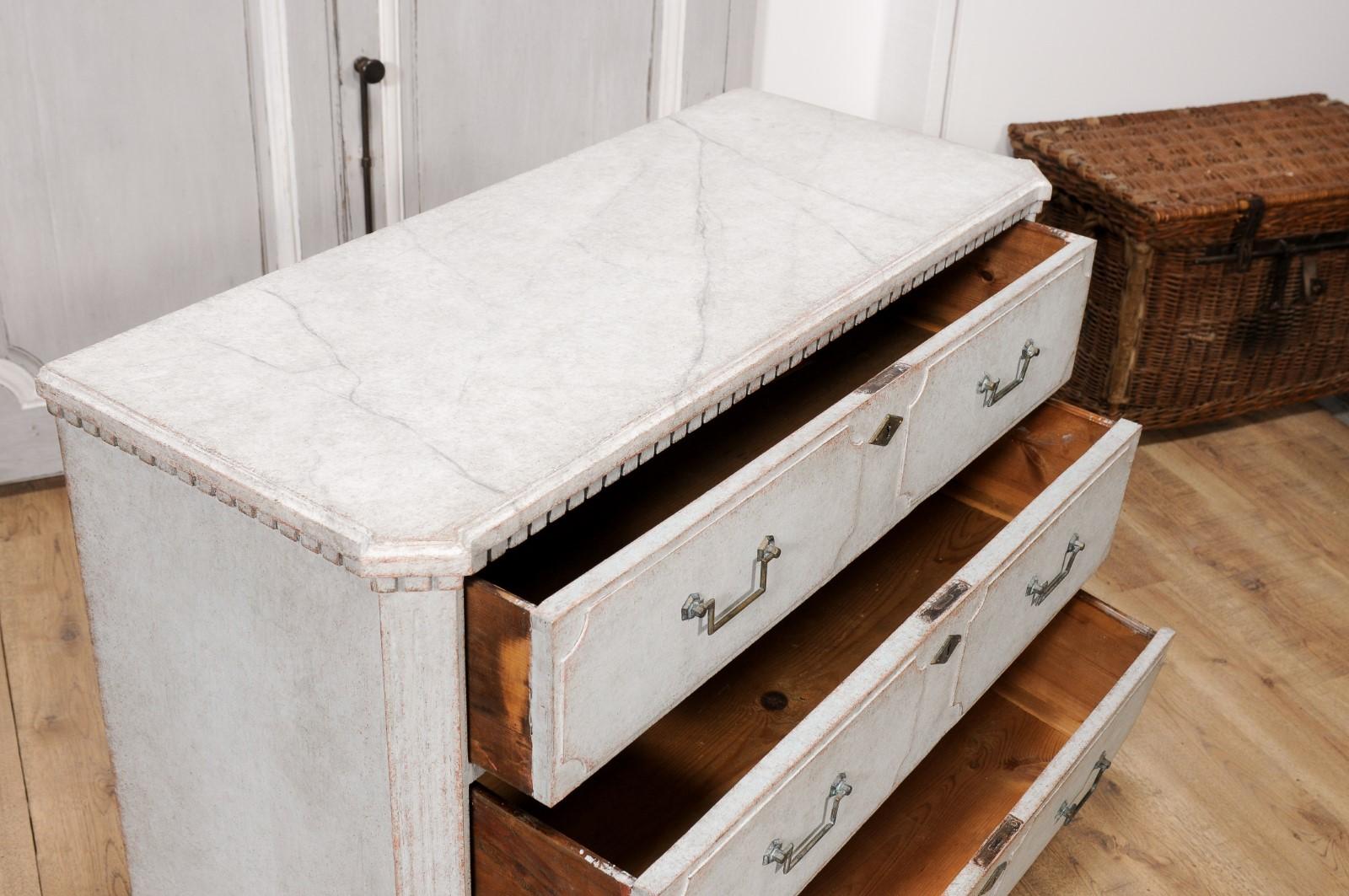 19th Century 1860s Swedish Gustavian Style Painted Three-Drawer Chest with Dentil Molding