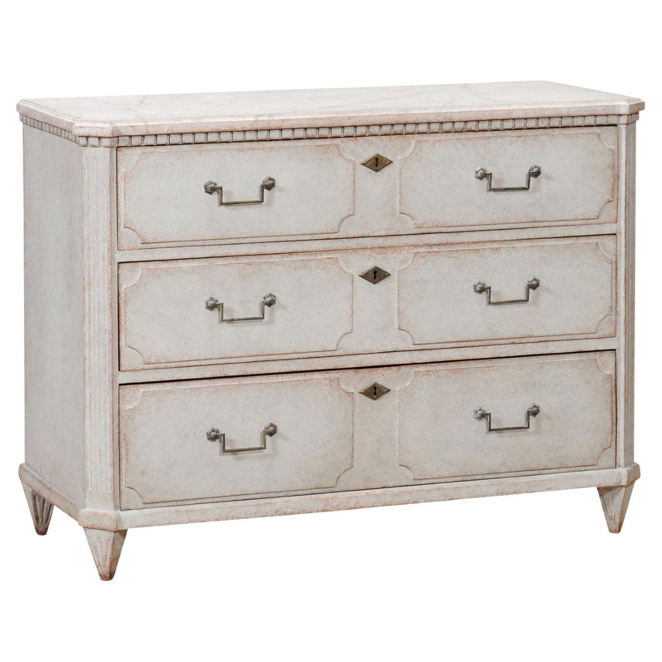1860s Swedish Gustavian Style Painted Three-Drawer Chest with Dentil Molding