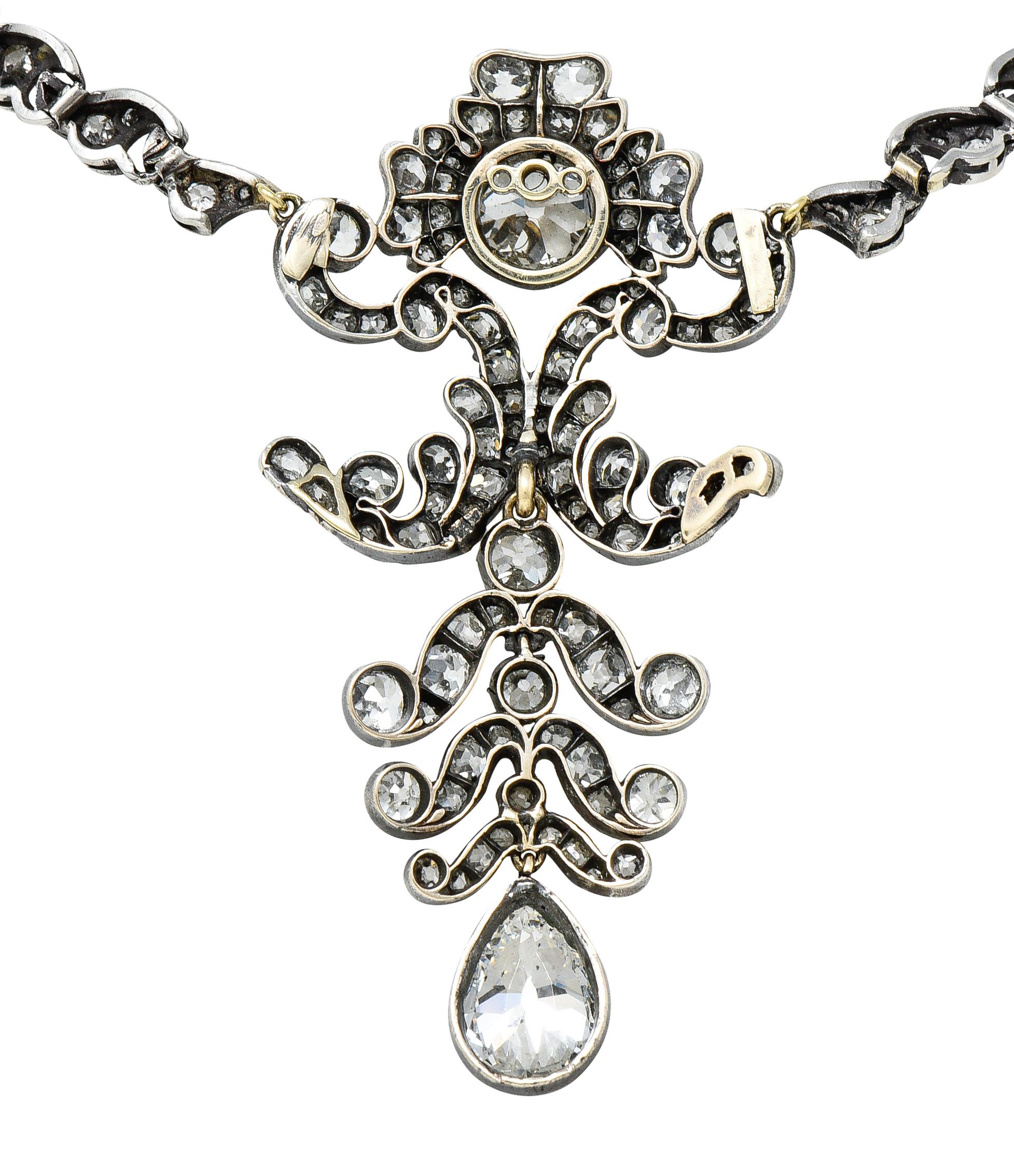 1860's Victorian 11.11 Carats Diamond Silver-Topped 14 Karat Gold Drop Necklace 5