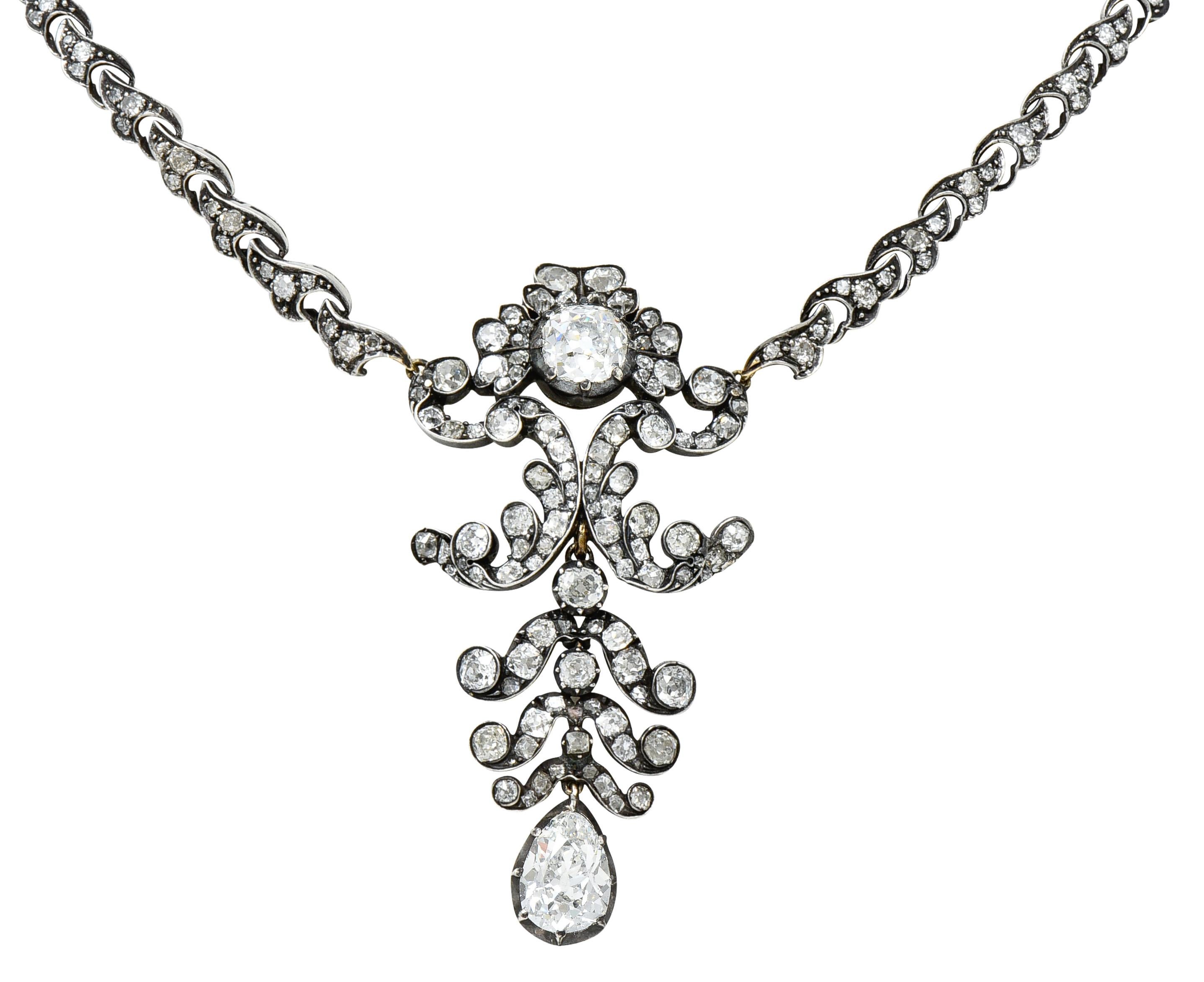 1860's Victorian 11.11 Carats Diamond Silver-Topped 14 Karat Gold Drop Necklace 6