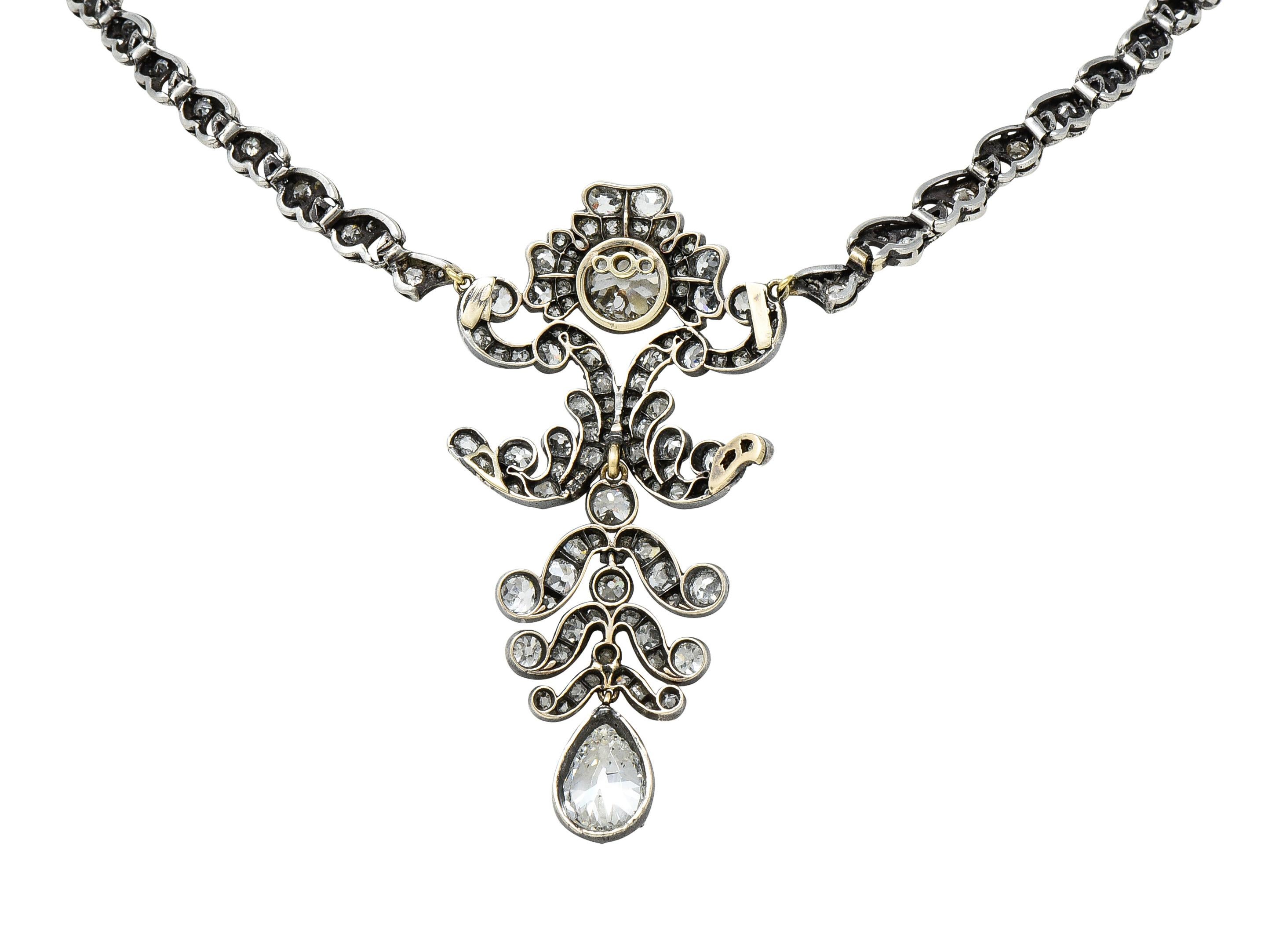 Old Mine Cut 1860's Victorian 11.11 Carats Diamond Silver-Topped 14 Karat Gold Drop Necklace