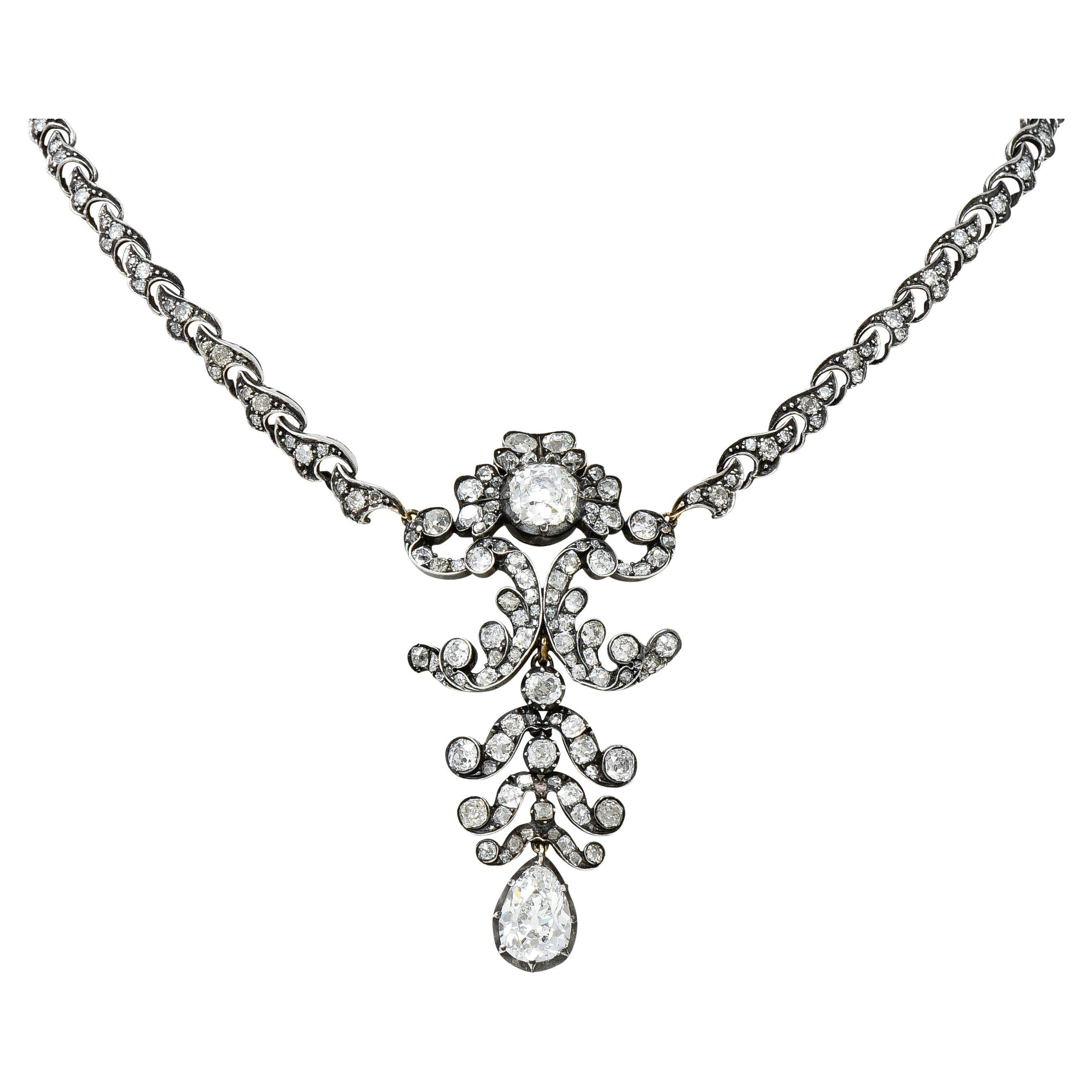 1860's Victorian 11.11 Carats Diamond Silver-Topped 14 Karat Gold Drop Necklace