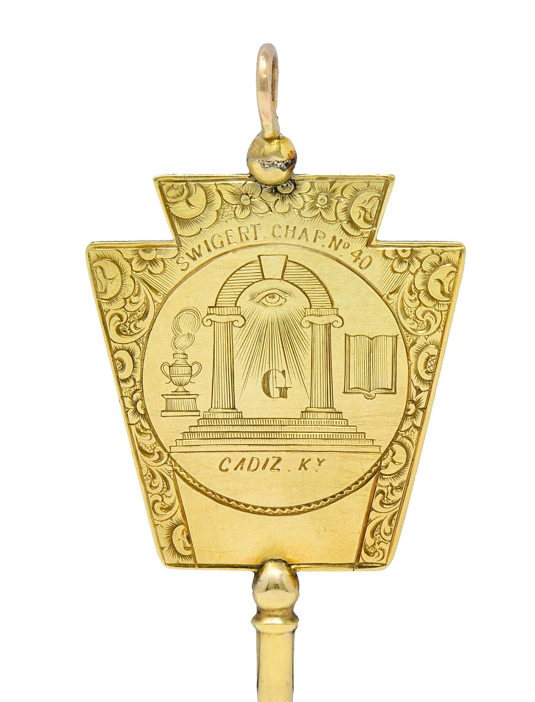 1860's Victorian 14 Karat Gold Freemason Skull Watch Key Pendant In Excellent Condition In Philadelphia, PA
