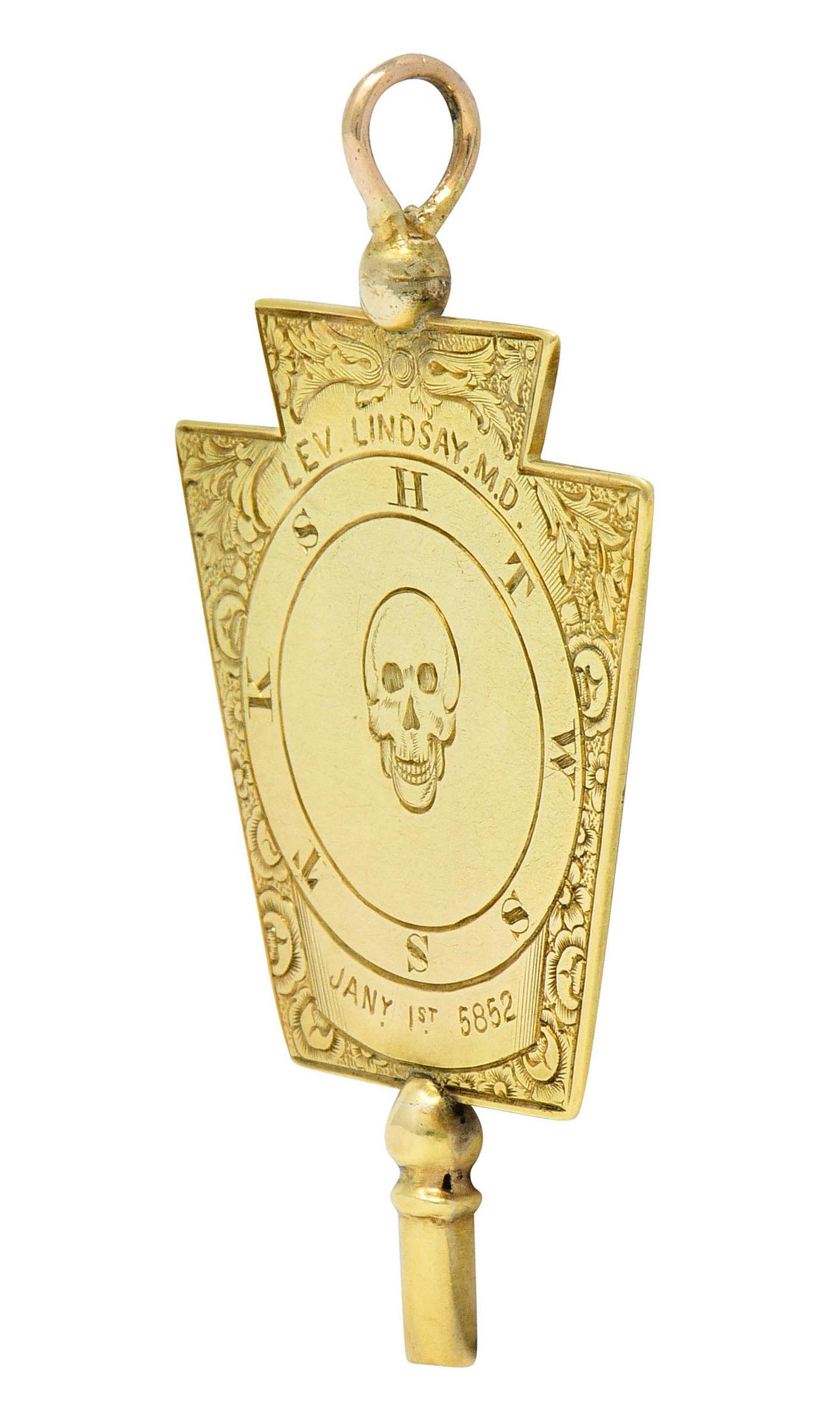 Women's or Men's 1860's Victorian 14 Karat Gold Freemason Skull Watch Key Pendant