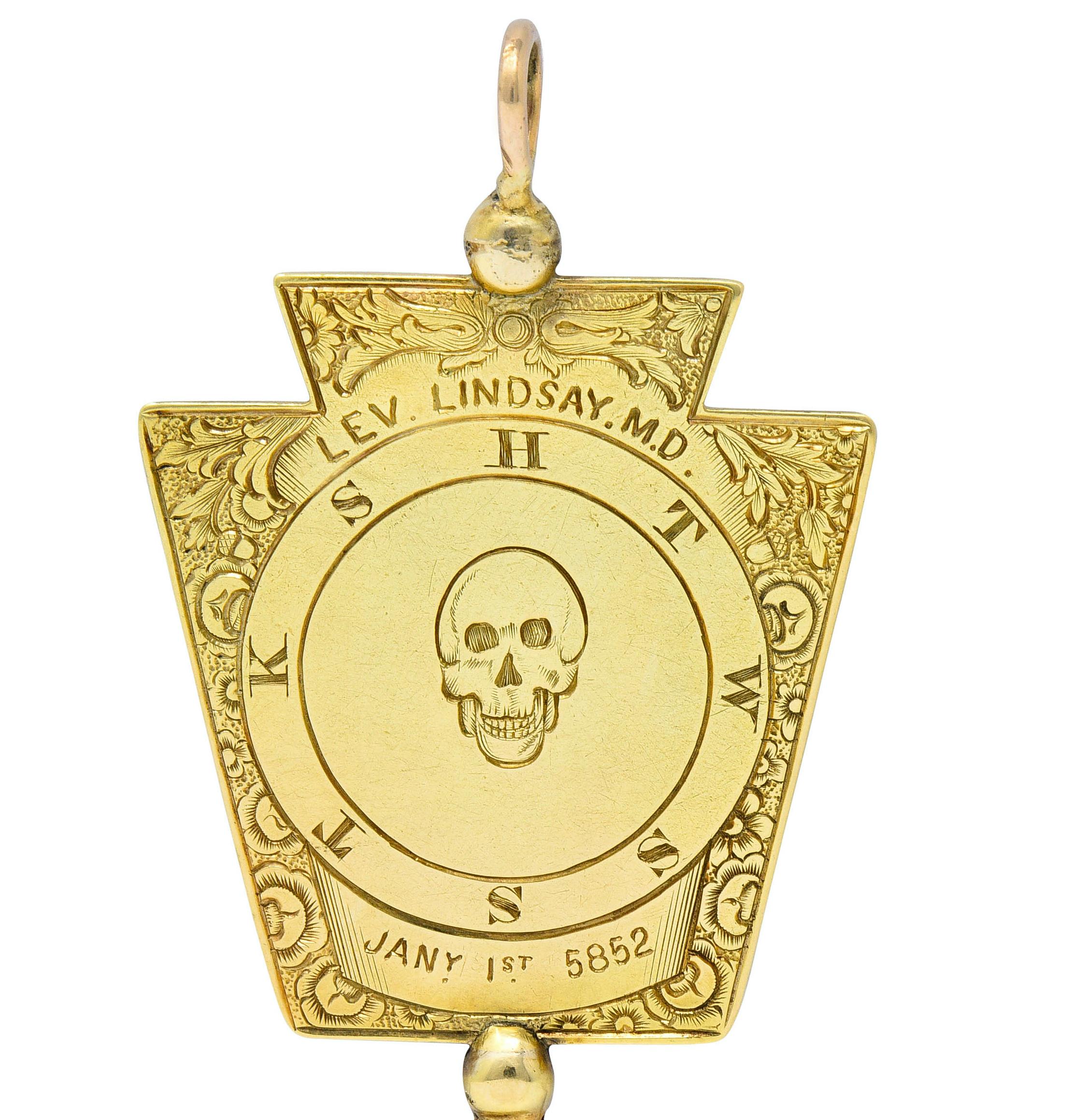 1860's Victorian 14 Karat Gold Freemason Skull Watch Key Pendant 1