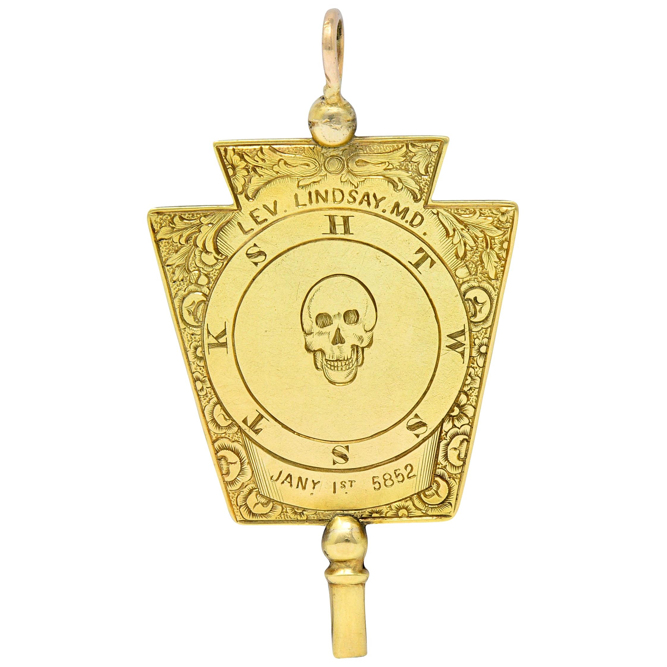 1860's Victorian 14 Karat Gold Freemason Skull Watch Key Pendant