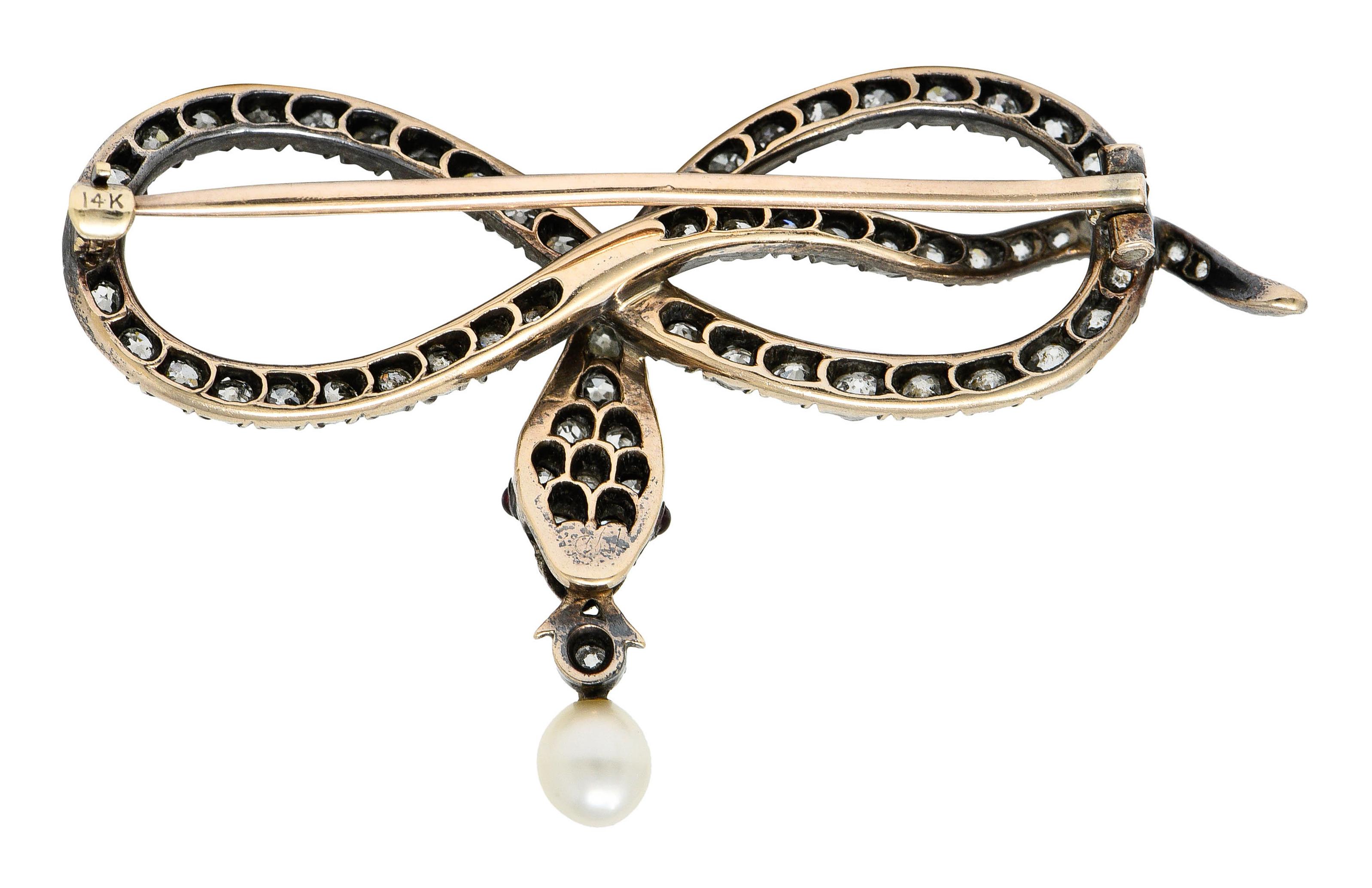 Old European Cut 1860's Victorian 2.00 Carats Diamond Pearl Silver-Topped 14 Karat Gold Snake Lov