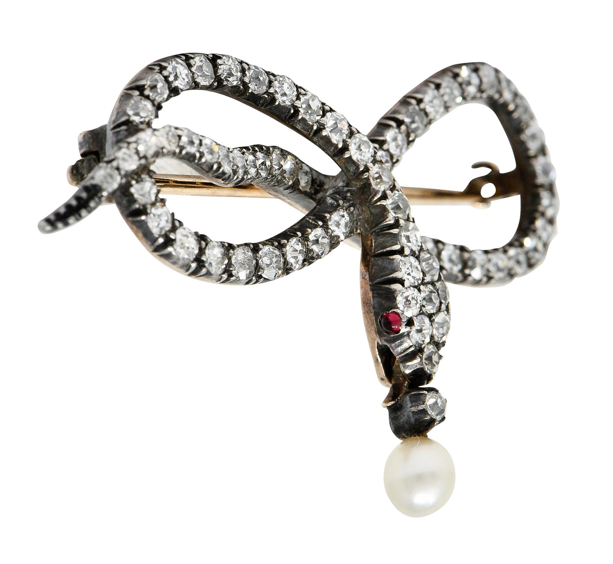 Women's or Men's 1860's Victorian 2.00 Carats Diamond Pearl Silver-Topped 14 Karat Gold Snake Lov