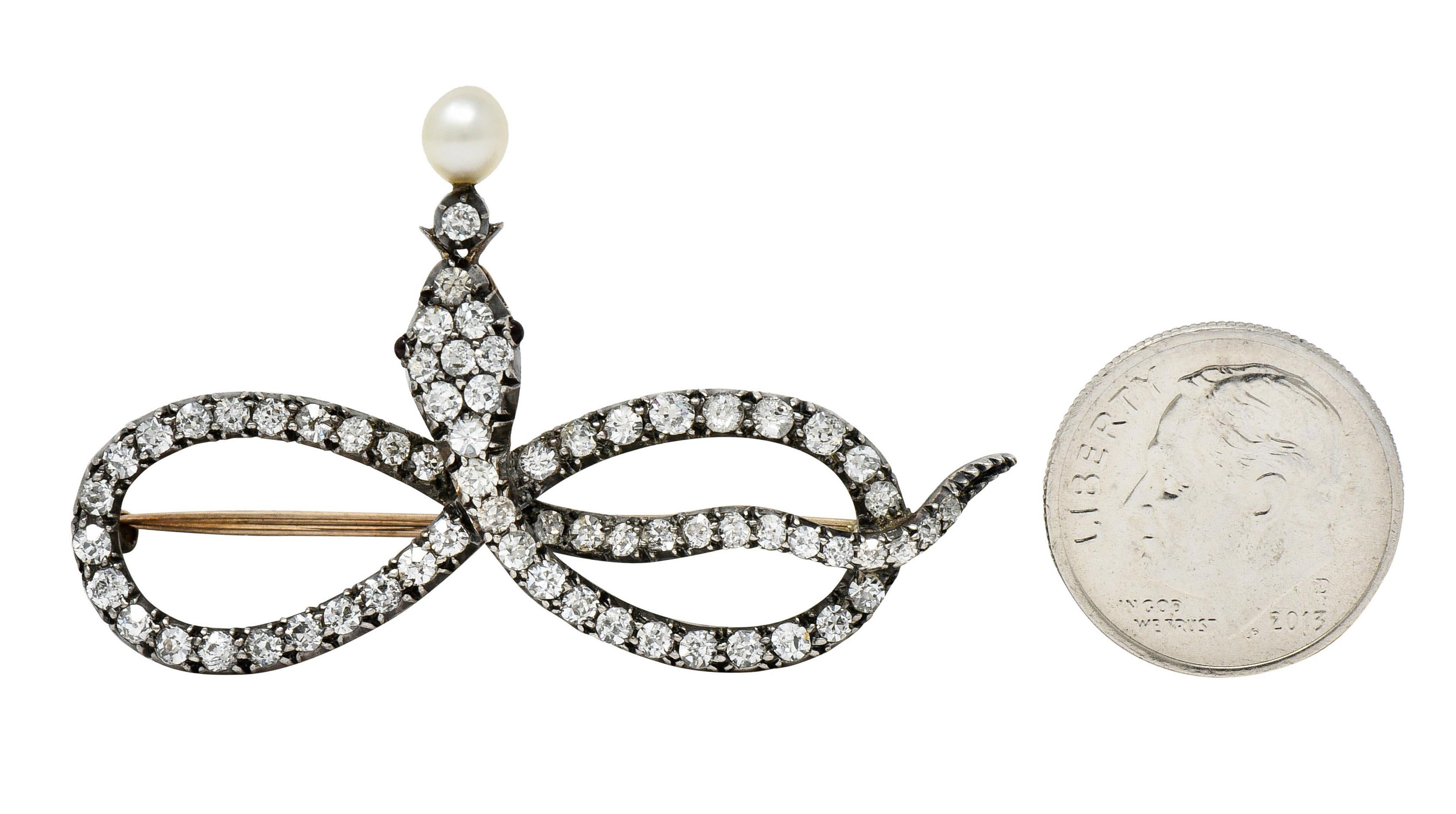 1860's Victorian 2.00 Carats Diamond Pearl Silver-Topped 14 Karat Gold Snake Lov 4