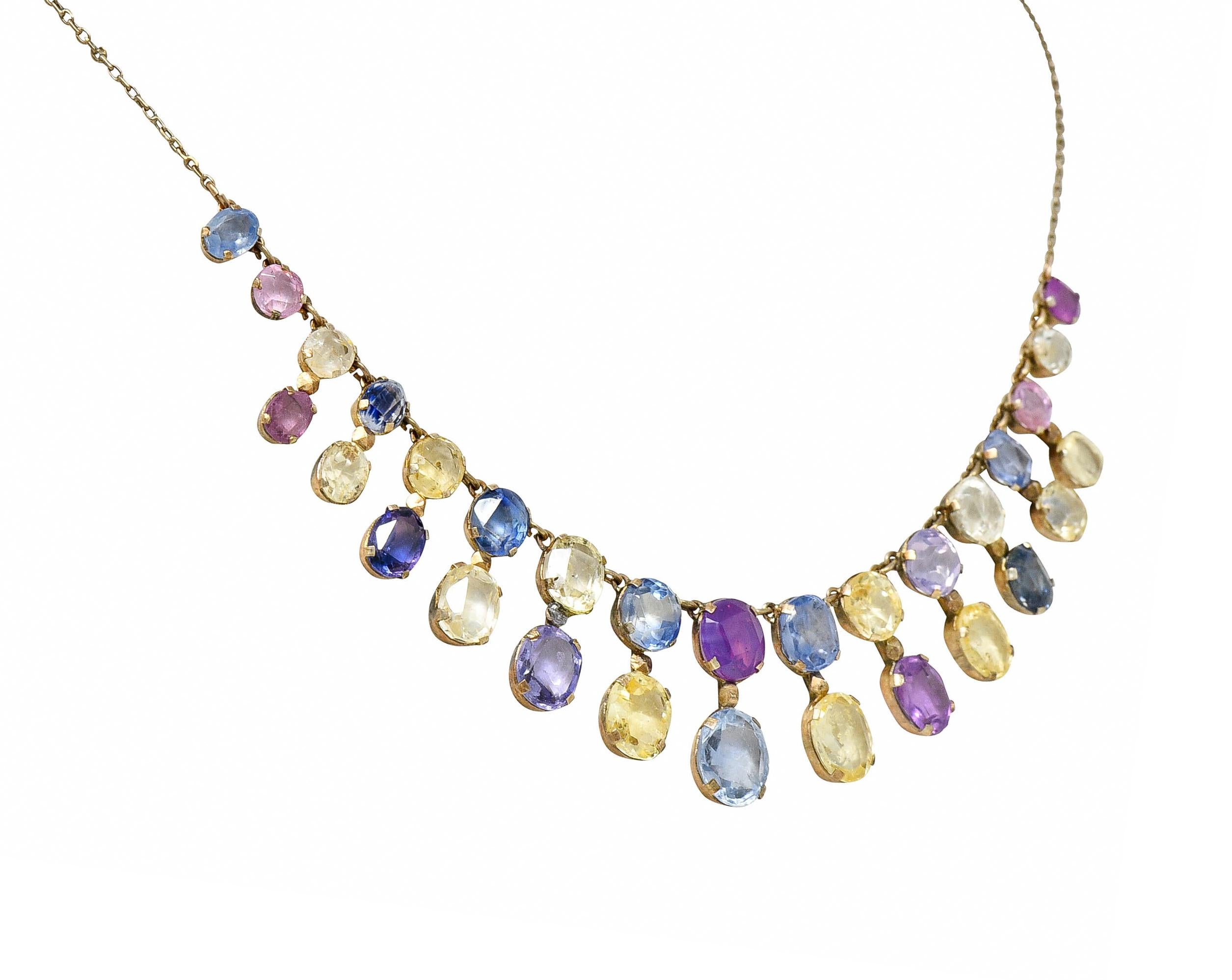 Edwardian 1860's Victorian 31.50 Carats Fancy Pink Blue Sapphire Fringe Drop Necklace