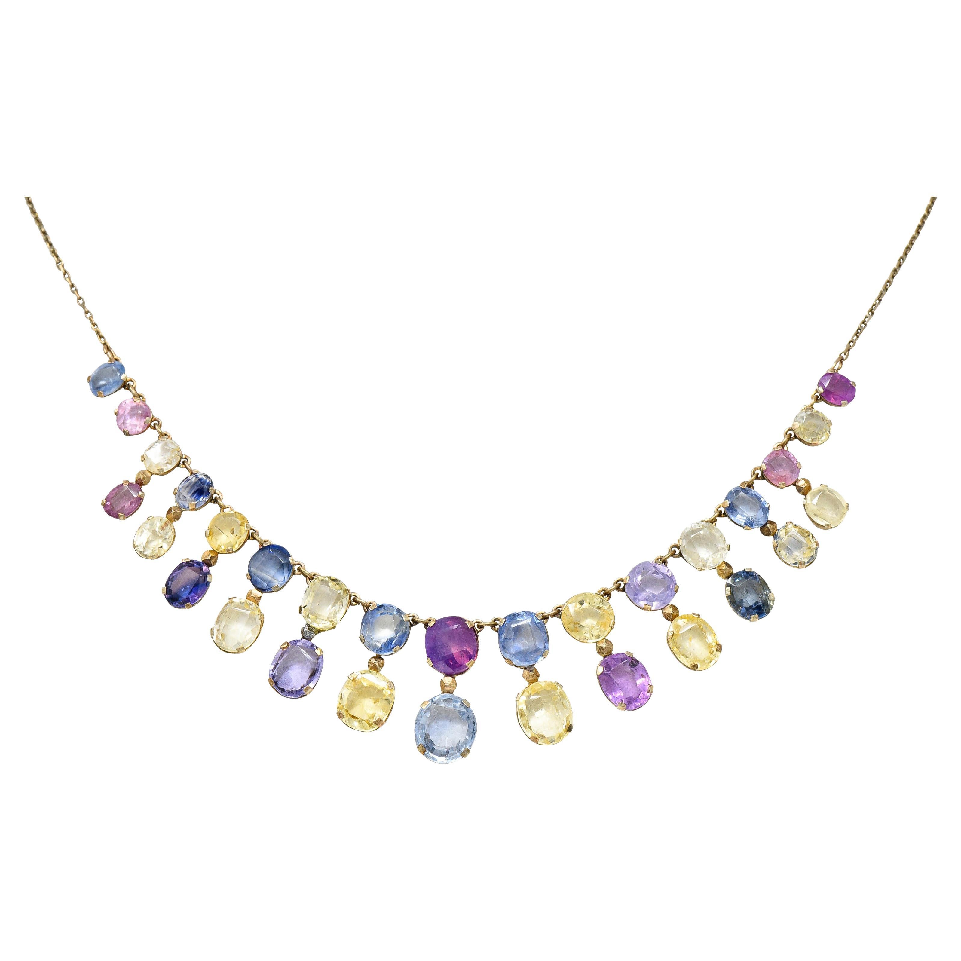 1860's Victorian 31.50 Carats Fancy Pink Blue Sapphire Fringe Drop Necklace
