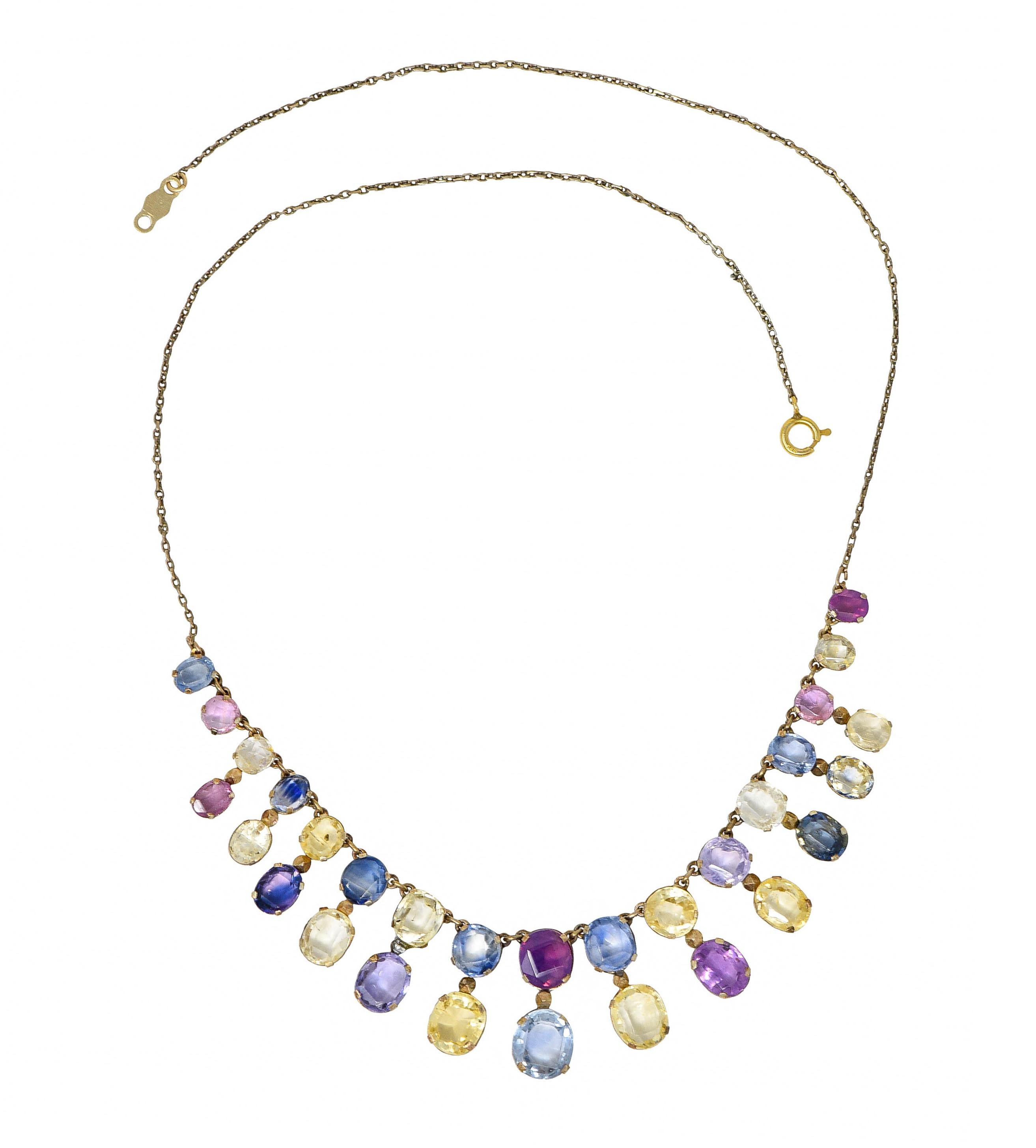 Cable chain necklace features oval, round, and cushion cut sapphires as fringe droplets

Transparent to translucent with pastel to medium light color 

Pink, yellow, blue, and lavender with some exhibiting bi-color saturation

Weighing in total
