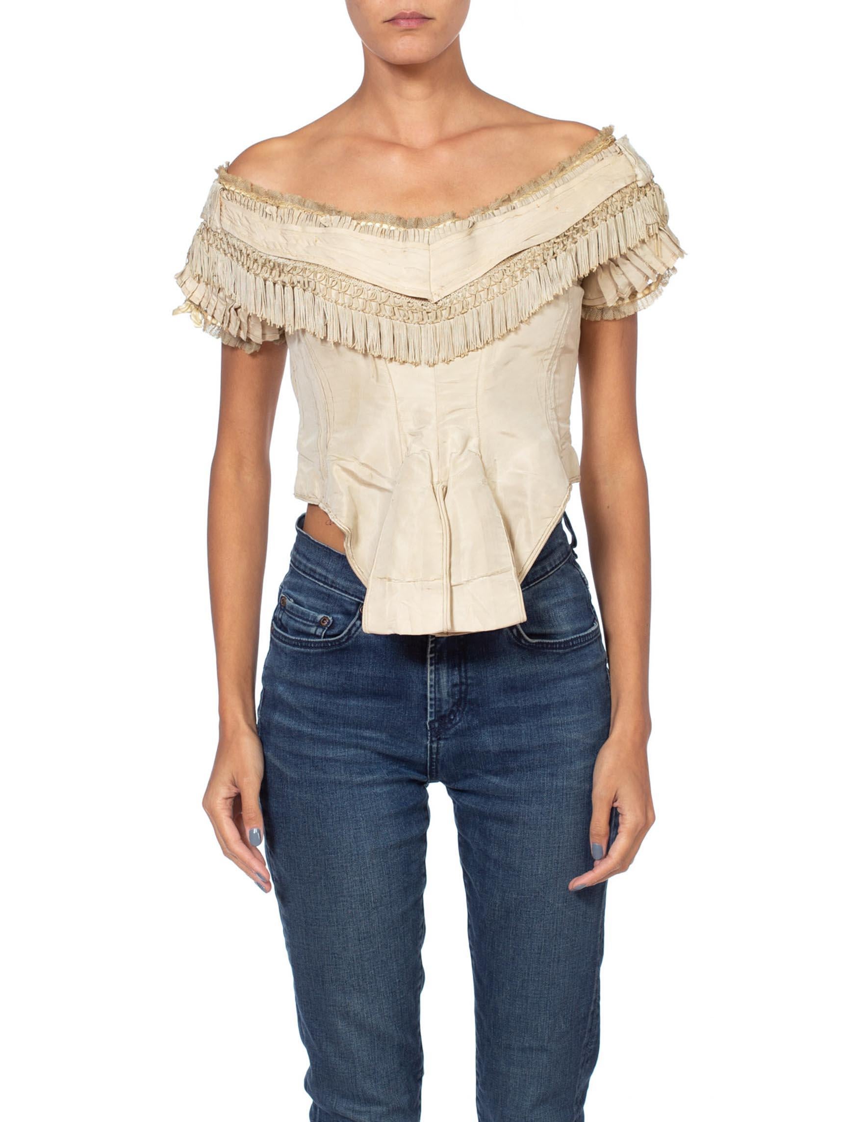 1860S Victorian Cream Pleated and Fringed Bodice Top 