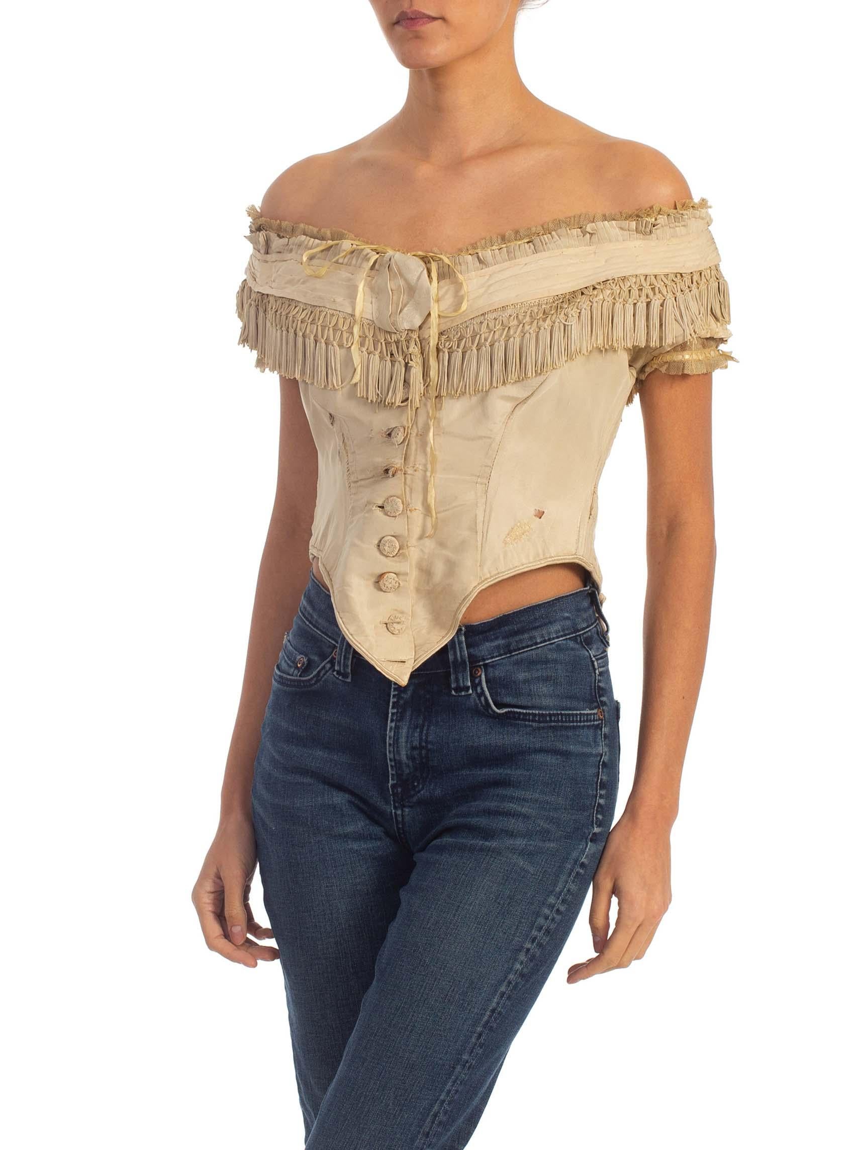 Beige Victorian Silk 1860/70S Pleated And Fringed Bodice Top Not Dry Rot, Just Tatter