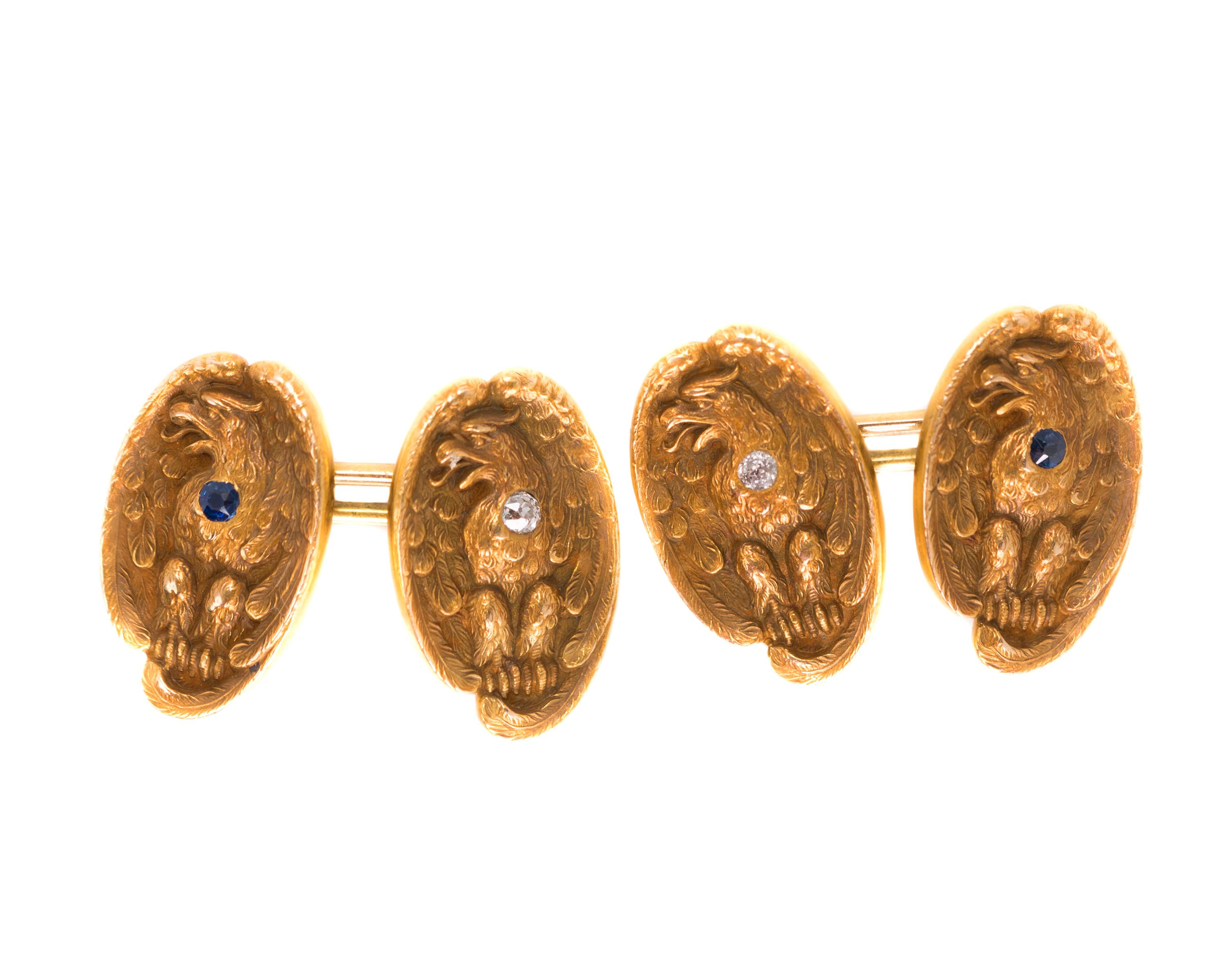 Old Mine Cut 1860s Victorian Cufflinks in 14 Karat Yellow Gold with Diamonds and Sapphires