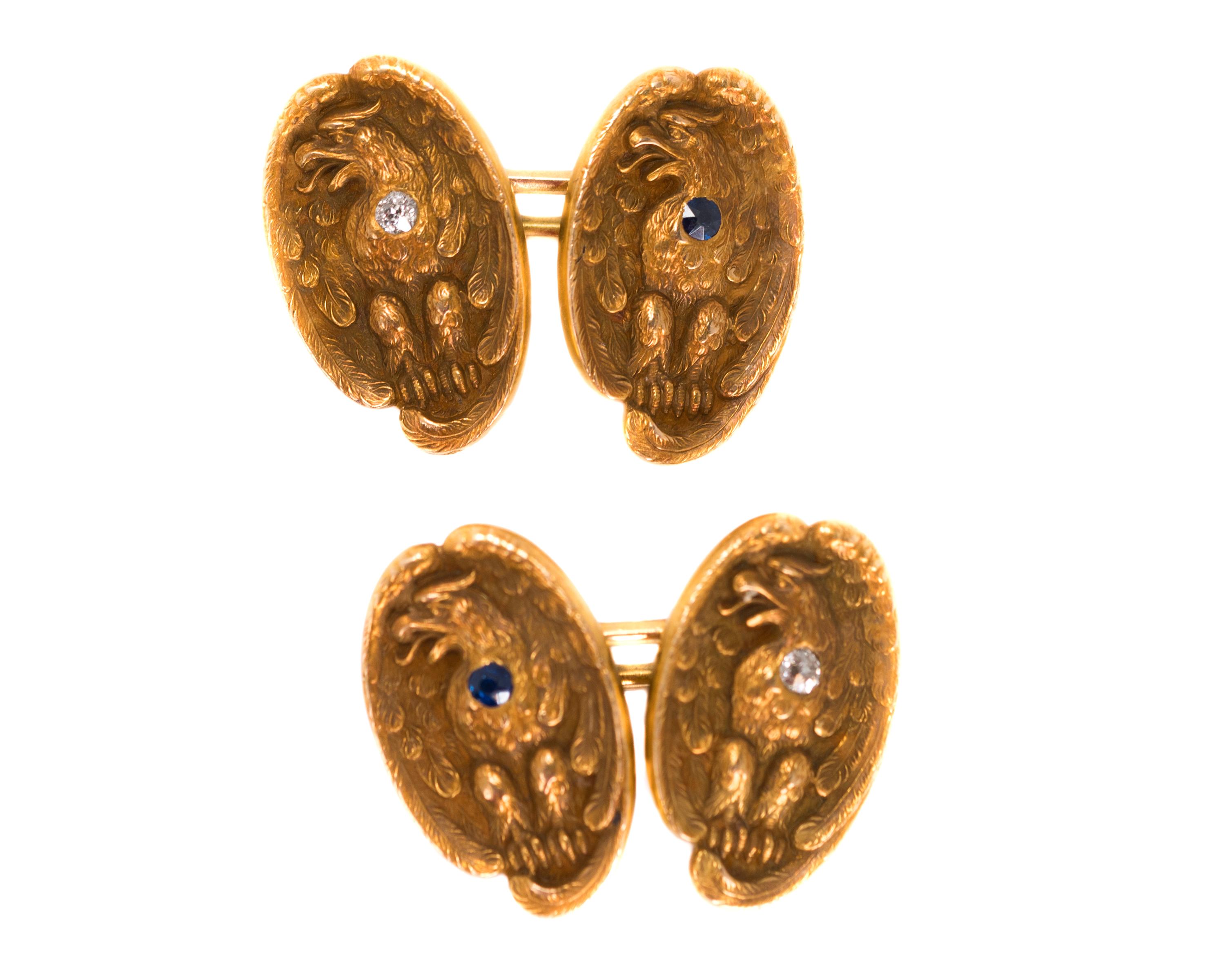 1860s Victorian Cufflinks in 14 Karat Yellow Gold with Diamonds and Sapphires In Good Condition In Atlanta, GA