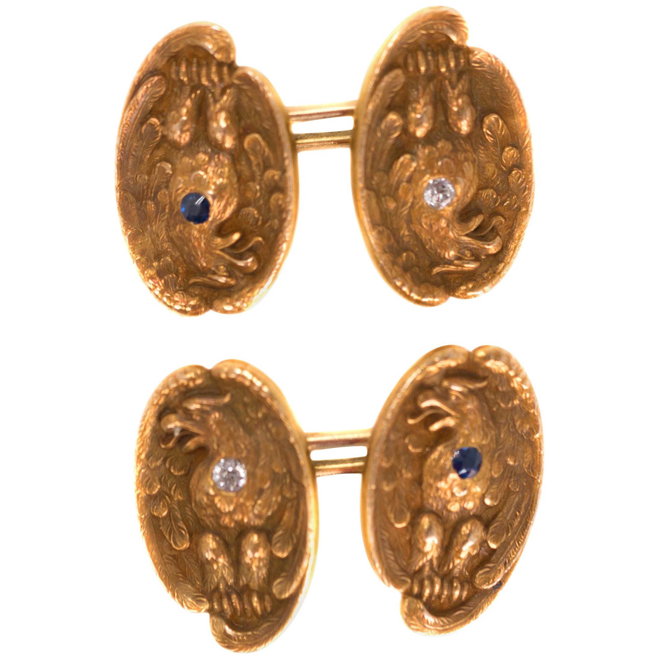 1860s Victorian Cufflinks in 14 Karat Yellow Gold with Diamonds and Sapphires