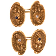 1860s Victorian Cufflinks in 14 Karat Yellow Gold with Diamonds and Sapphires