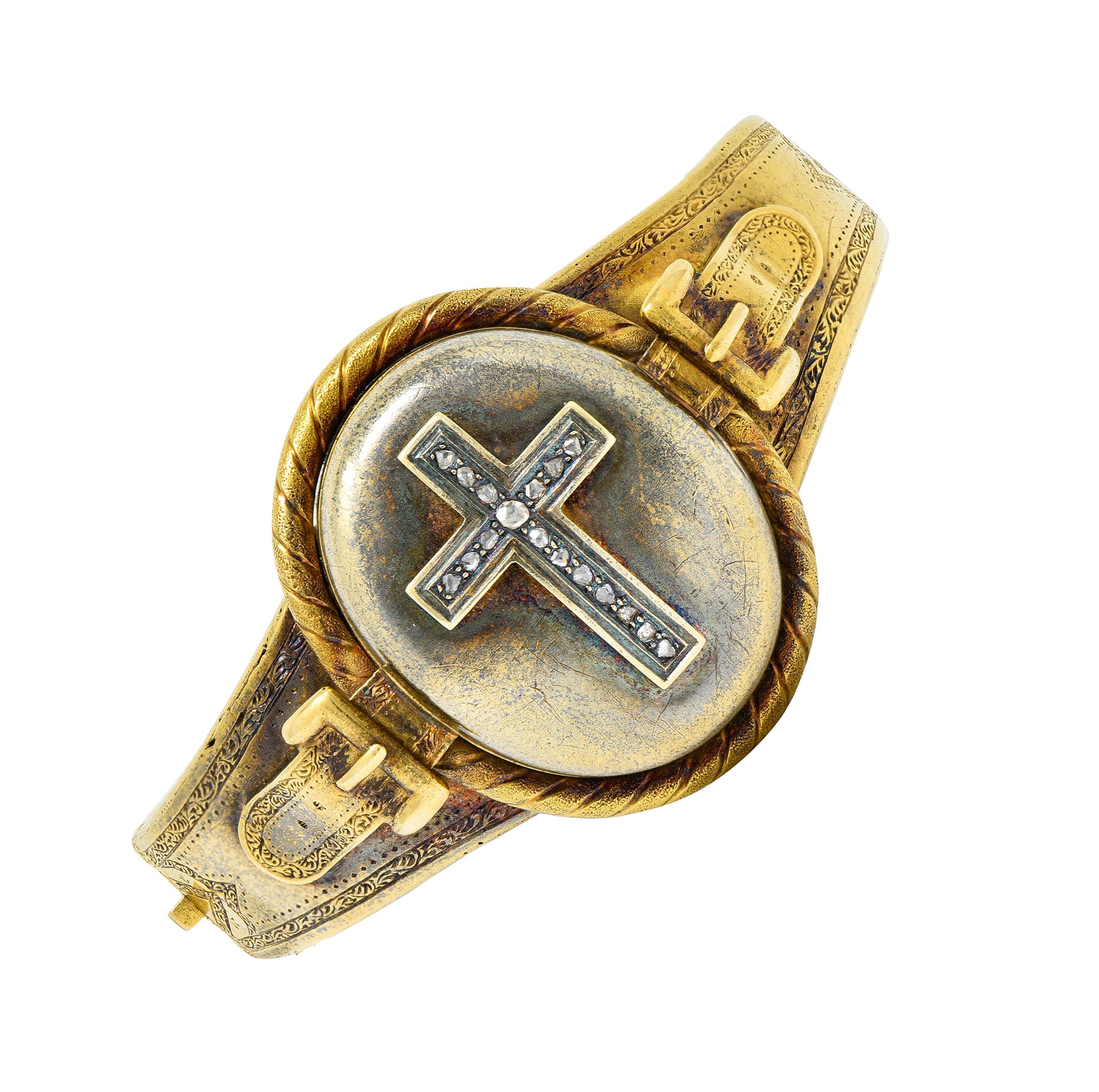 1860's Victorian Diamond 18 Karat Gold Mourning Locket Bangle Bracelet 7