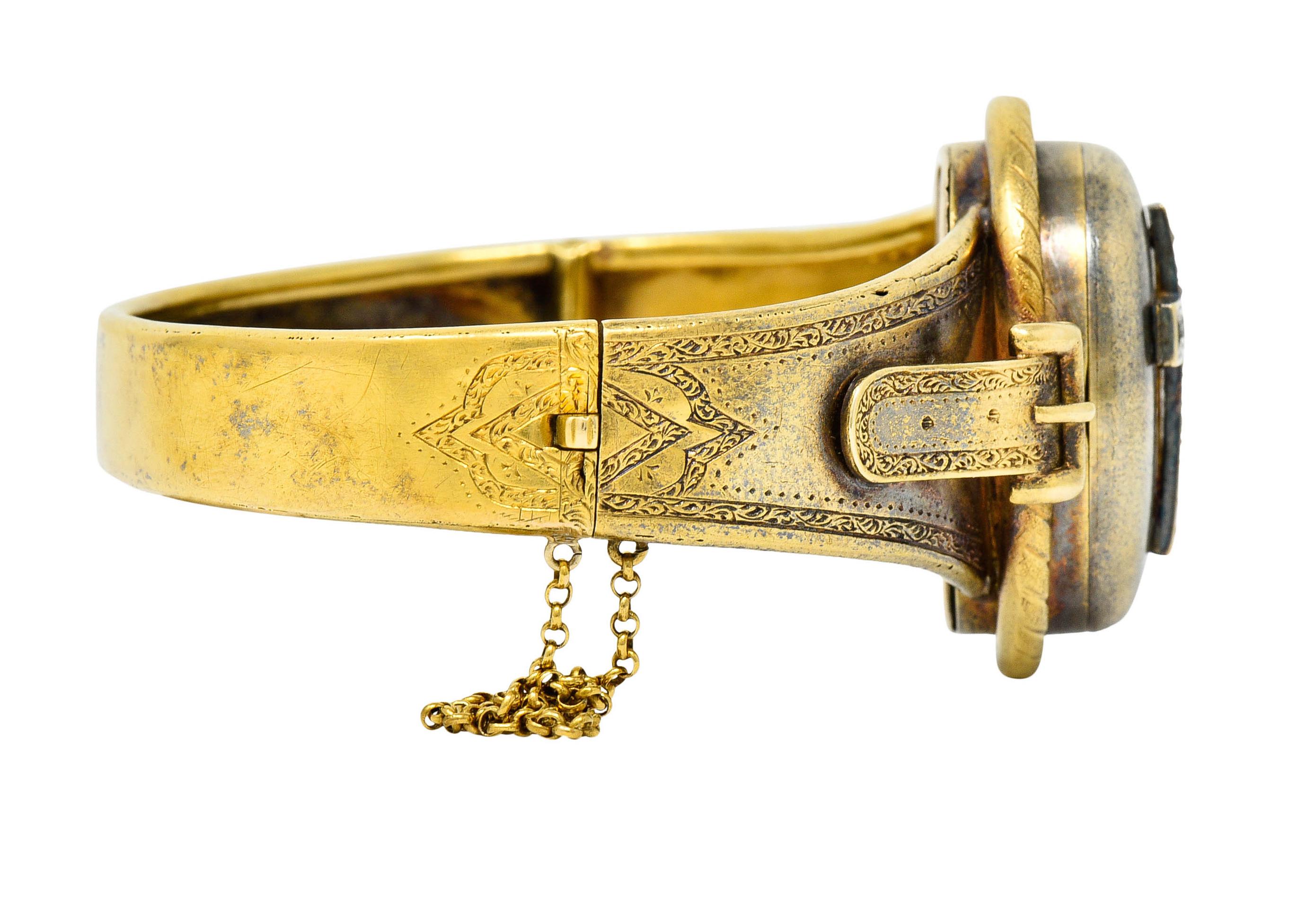 1860's Victorian Diamond 18 Karat Gold Mourning Locket Bangle Bracelet In Excellent Condition In Philadelphia, PA