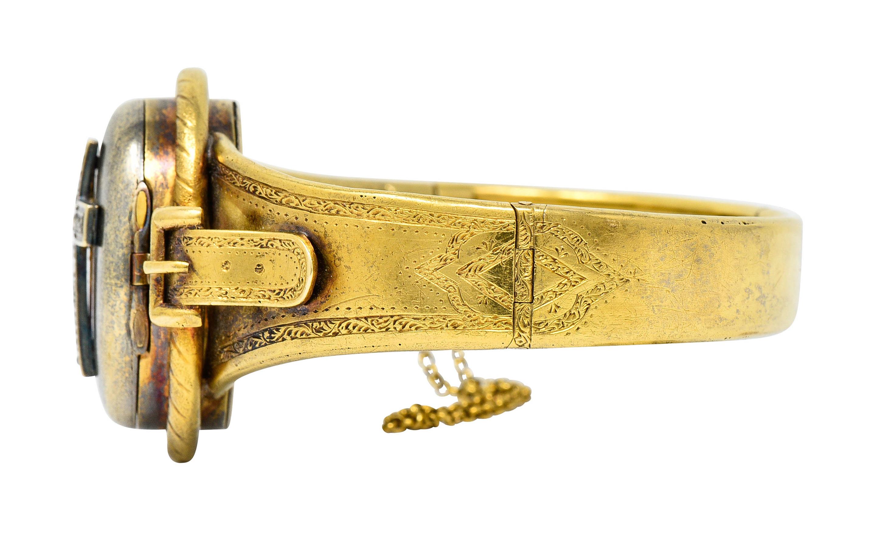 1860's Victorian Diamond 18 Karat Gold Mourning Locket Bangle Bracelet 1