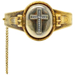 Antique 1860's Victorian Diamond 18 Karat Gold Mourning Locket Bangle Bracelet