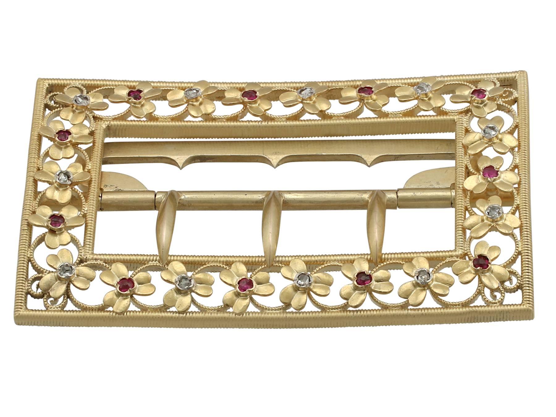 Round Cut 1860s Victorian Diamond and Ruby Yellow Gold Belt Buckle