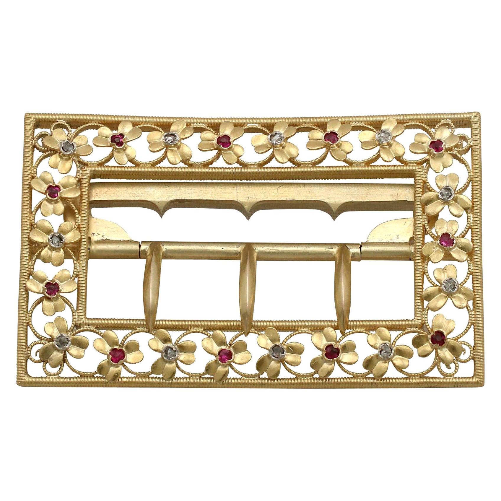 1860s Victorian Diamond and Ruby Yellow Gold Belt Buckle