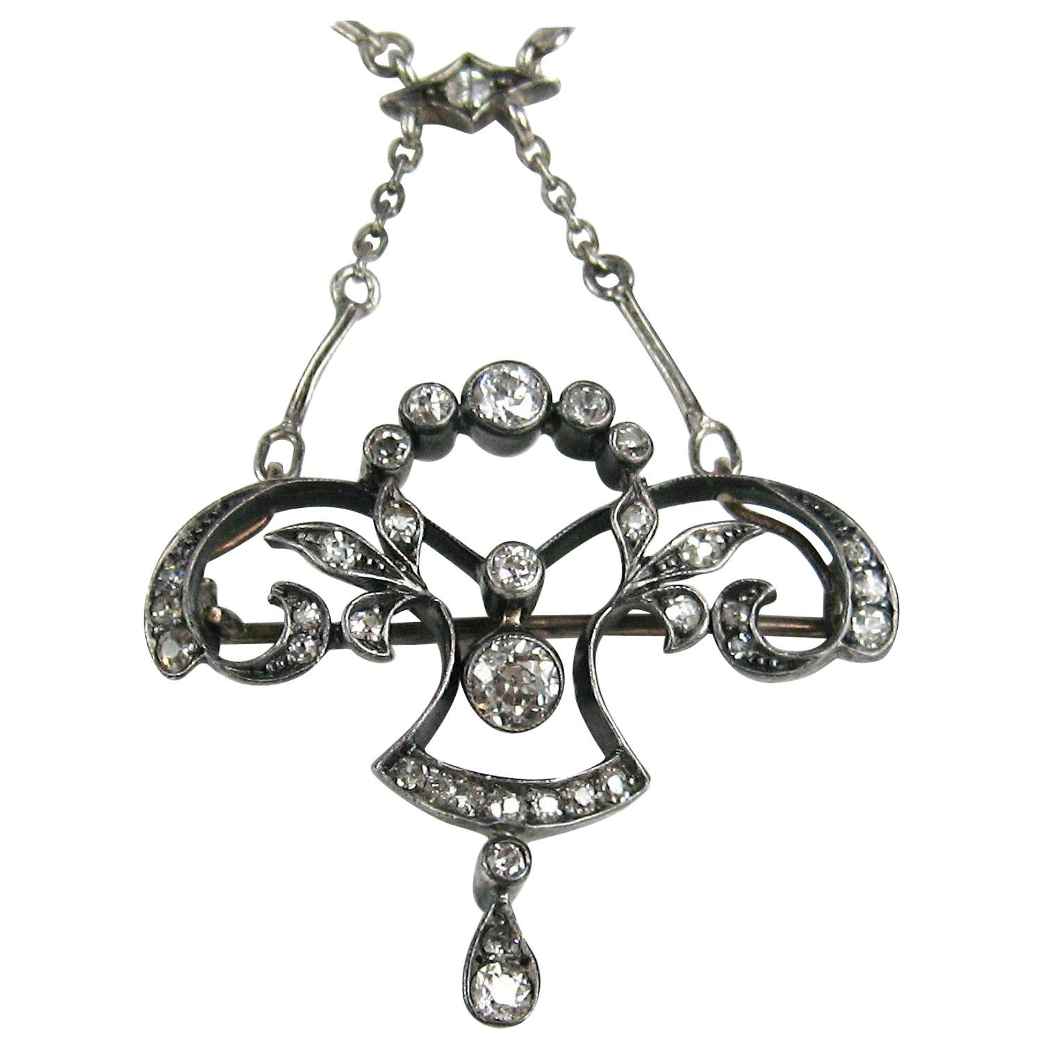 1860s Victoriana Diamante Lavaliere Collar Broche 1,5 Quilates Oro Esterlina en venta