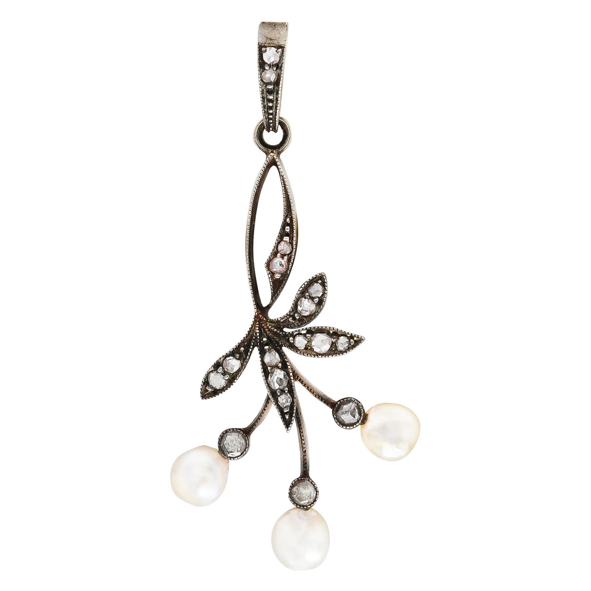 1860
s Victorian Diamond Pearl Silver-Topped 18 Karat Gold Pendant