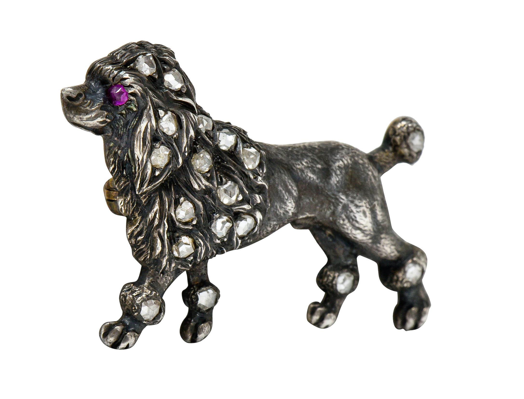 1860's Victorian Diamond Ruby Silver-Topped 14 Karat Gold Poodle Brooch In Excellent Condition For Sale In Philadelphia, PA
