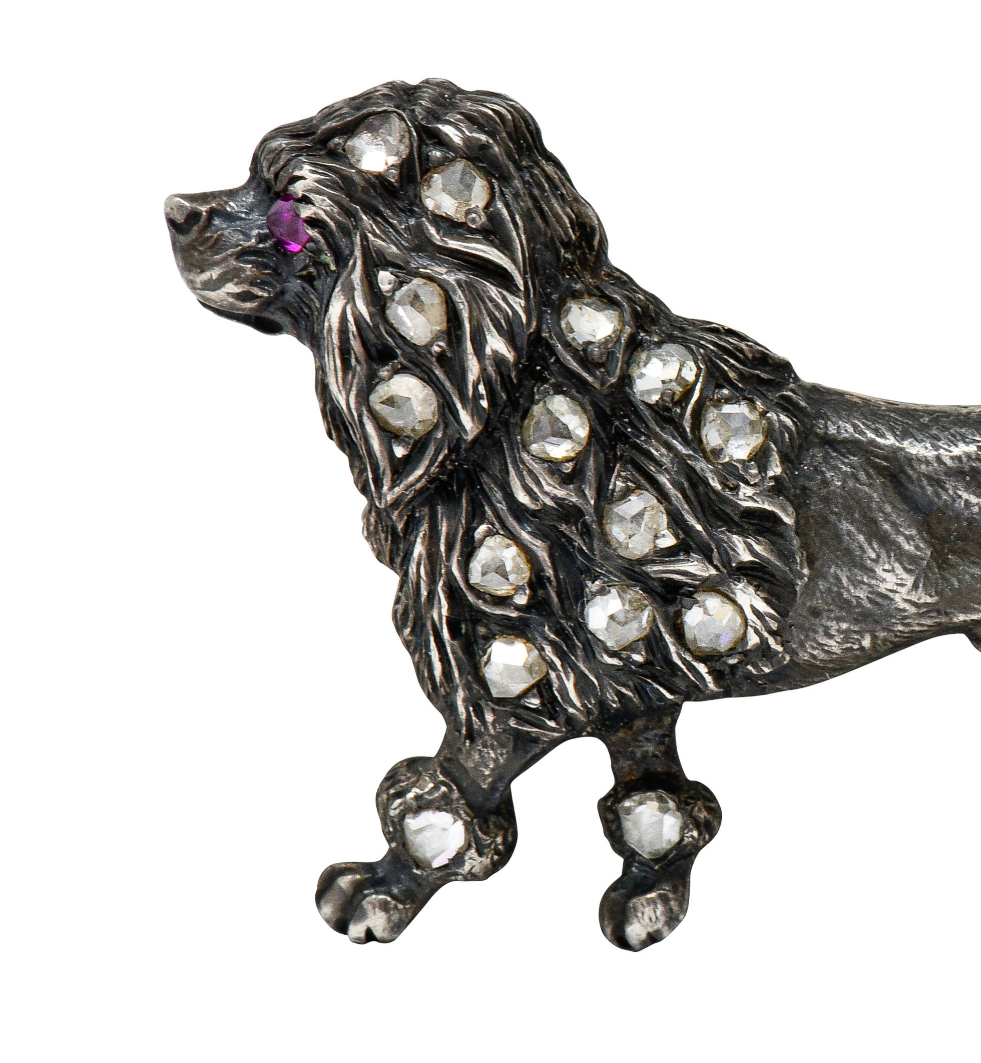 Women's or Men's 1860's Victorian Diamond Ruby Silver-Topped 14 Karat Gold Poodle Brooch For Sale