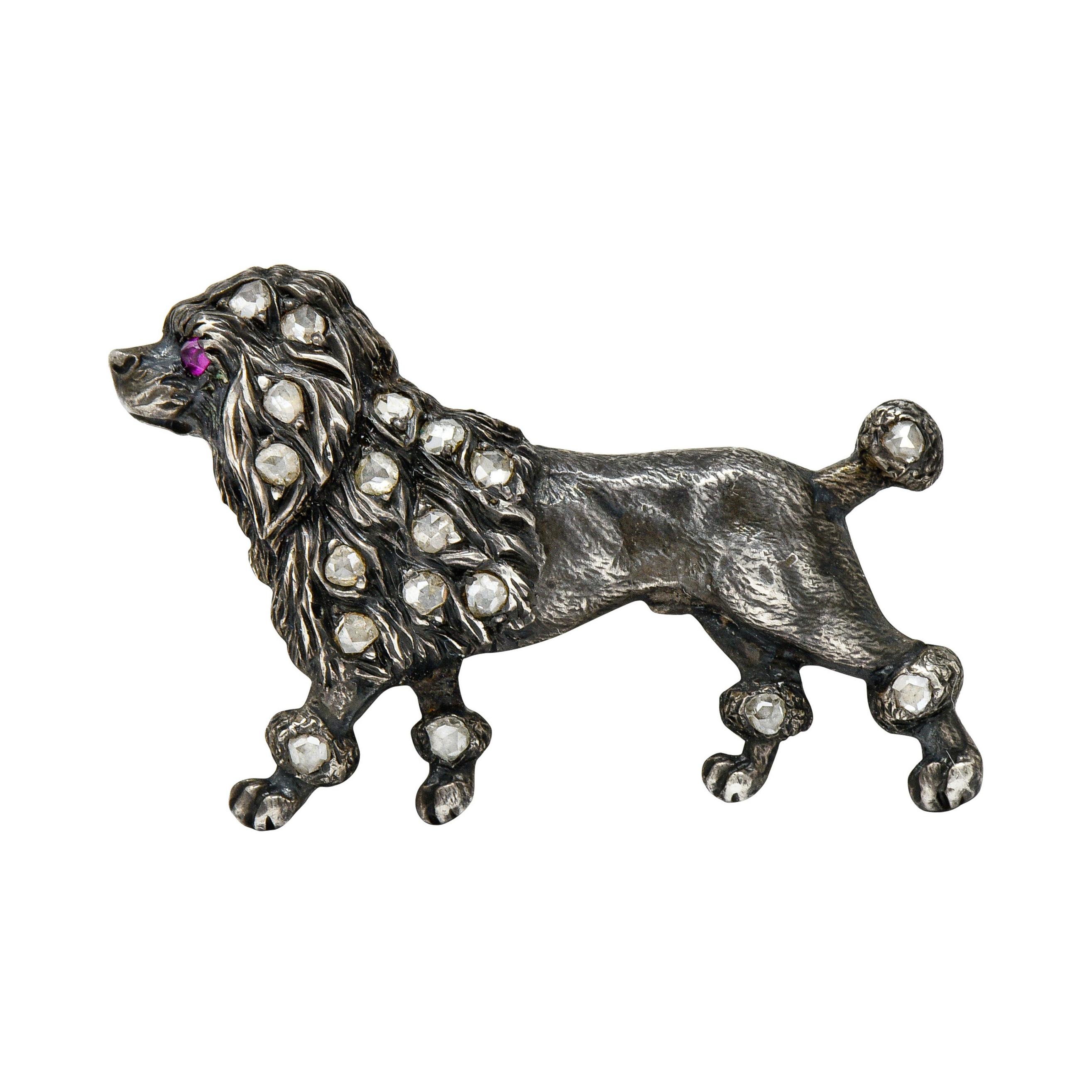 1860's Victorian Diamond Ruby Silver-Topped 14 Karat Gold Poodle Brooch
