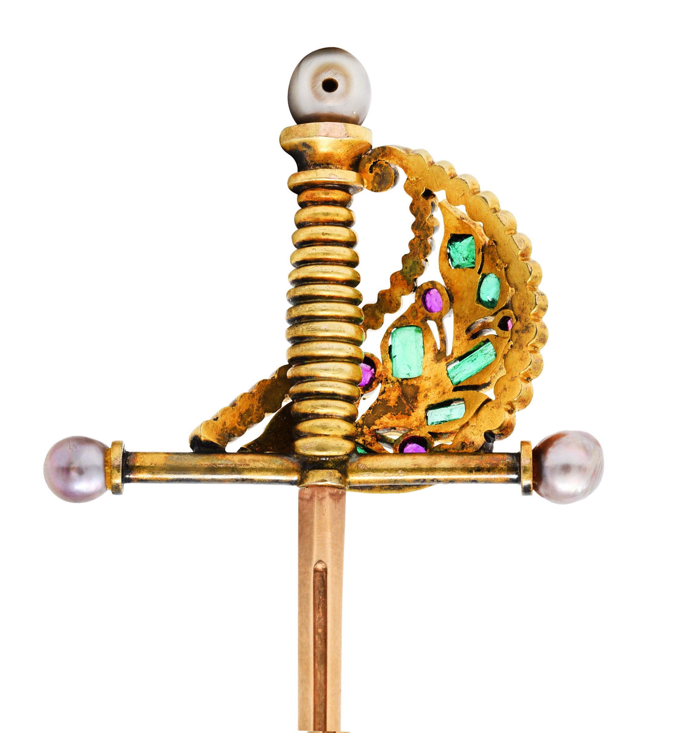 1860's Victorian Emerald Ruby Diamond Pearl 14 & 18 Karat Gold Sword Stickpin In Excellent Condition In Philadelphia, PA