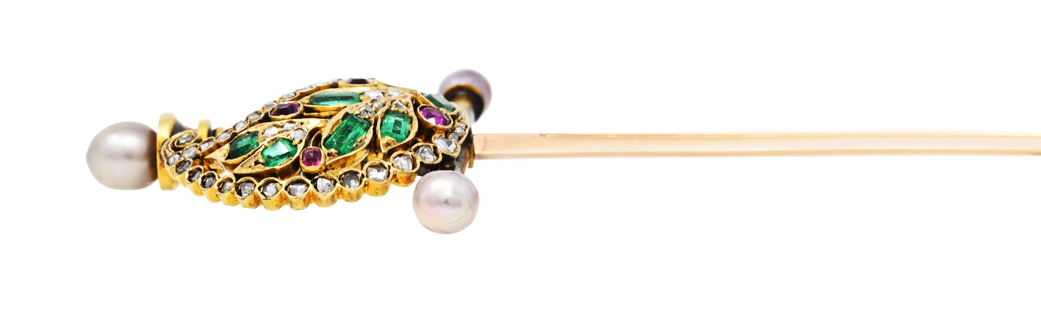 Women's or Men's 1860's Victorian Emerald Ruby Diamond Pearl 14 & 18 Karat Gold Sword Stickpin