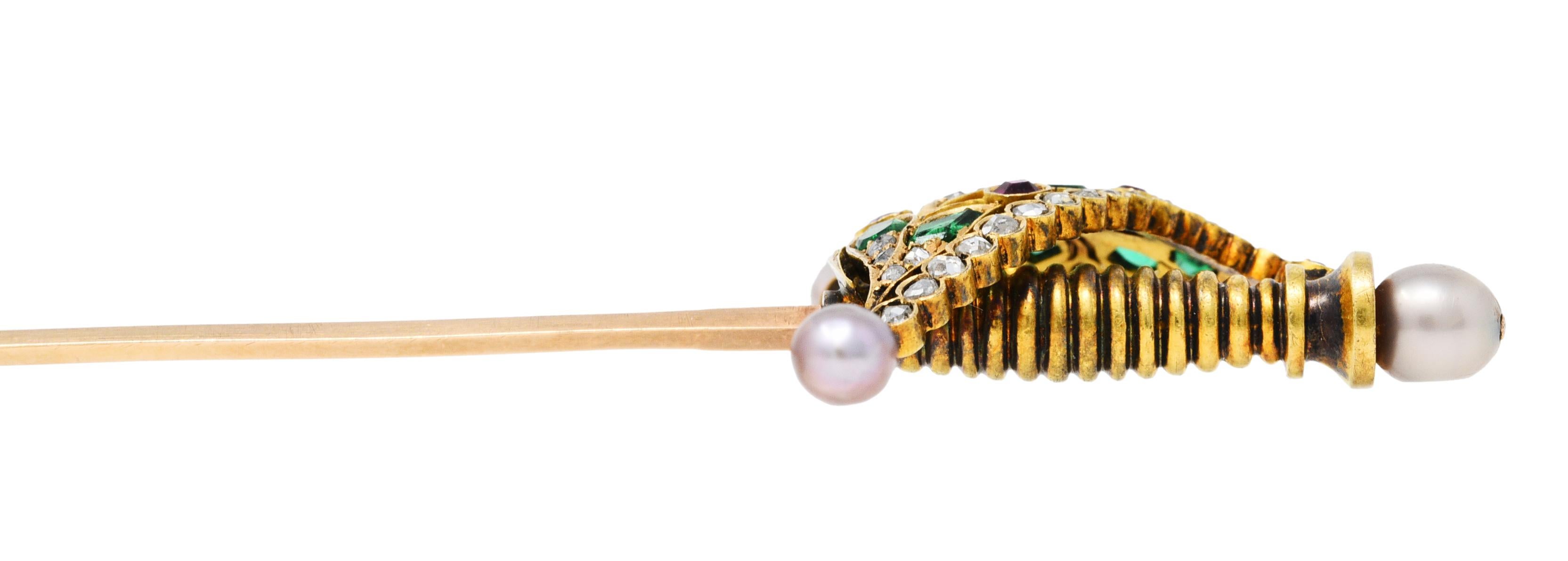 1860's Victorian Emerald Ruby Diamond Pearl 14 & 18 Karat Gold Sword Stickpin 1