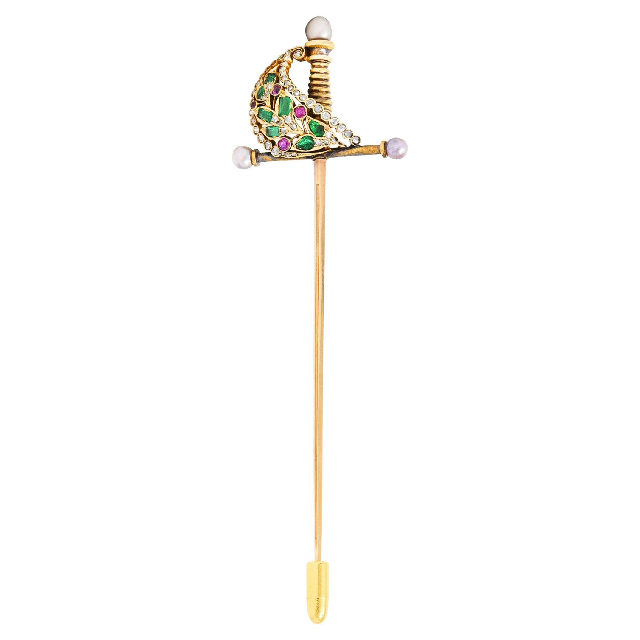 1860's Victorian Emerald Ruby Diamond Pearl 14 & 18 Karat Gold Sword Stickpin