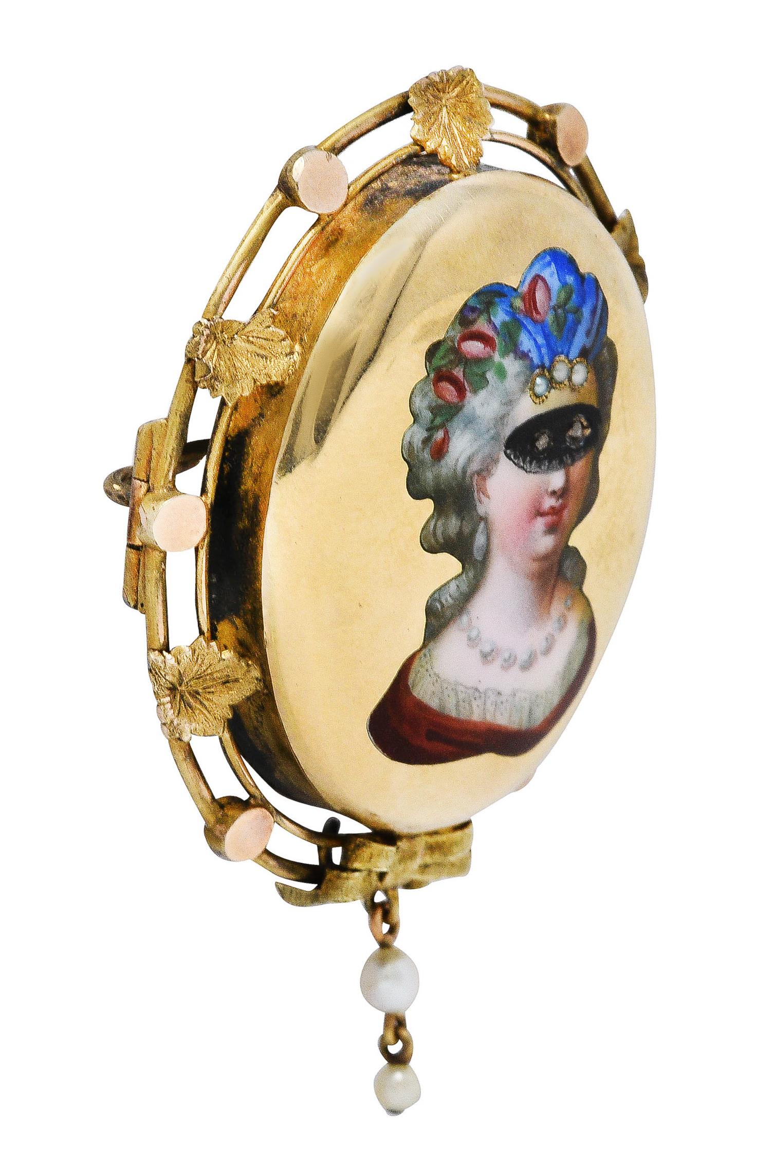 Designed as an oval domed brooch glossed with opaque enamel - exhibiting no loss

Depicting a colorful portrait of a coy Baroque woman adorned in a masquerade mask

Woman has a trio of seed pearls as a headband and rose cut diamonds as